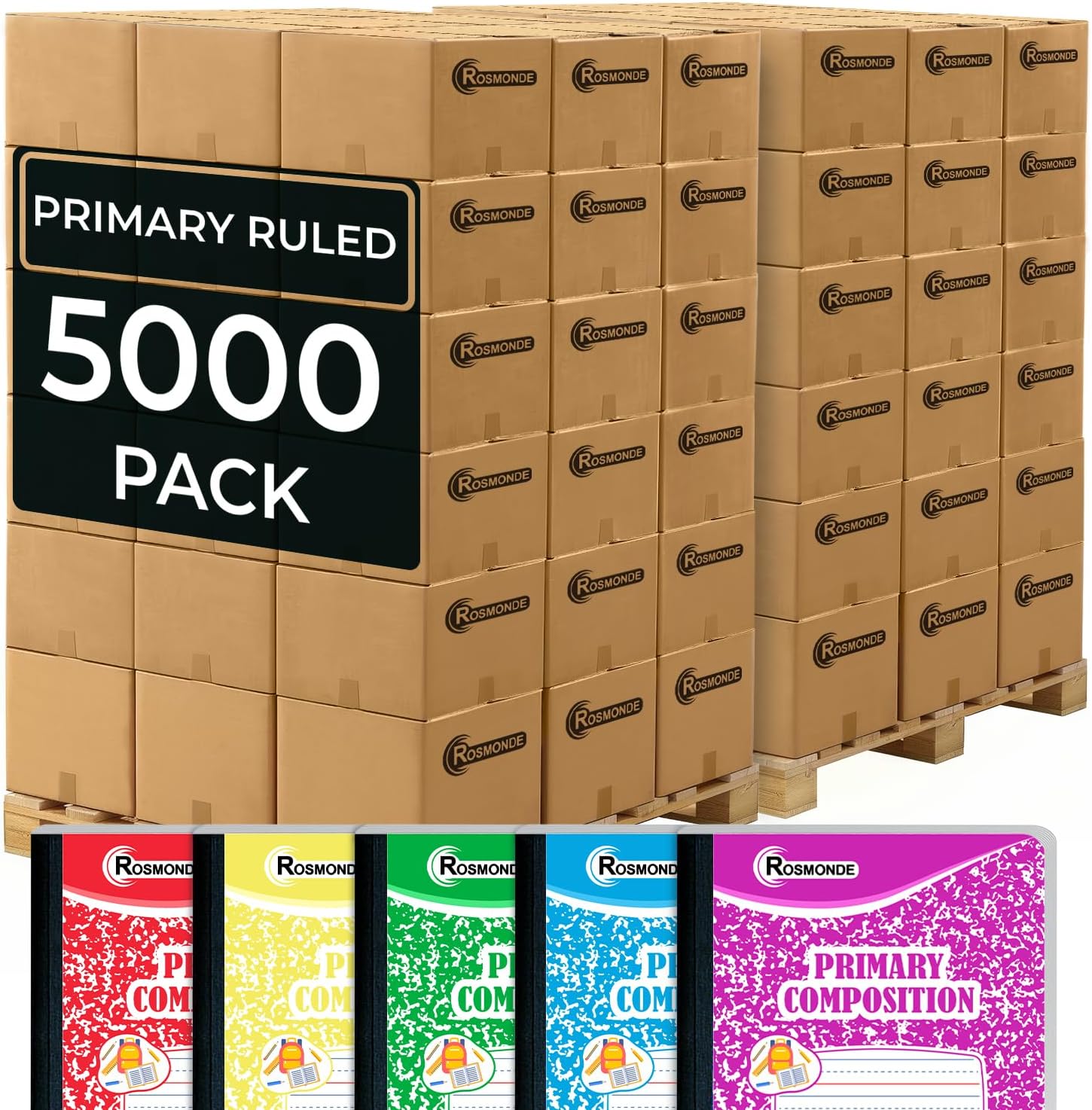 Rosmonde 5000 Pack (Pallet) Primary Ruled Composition Notebooks Bulk, 200 Pages (100 Sheets), 9-3/4 x 7-1/2, Bulk Notebooks for Grades K-2, School Districts, Wholesale Purchasing, 4-7 Days Transit