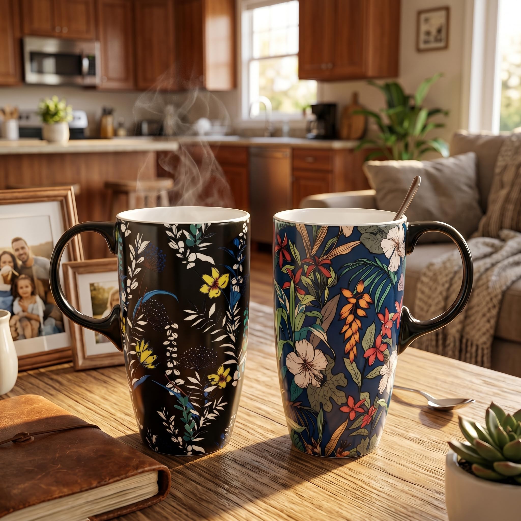 Taza de cerámica de café con tapa de porcelana Latte taza de té con 2 unidades, color azul y negro