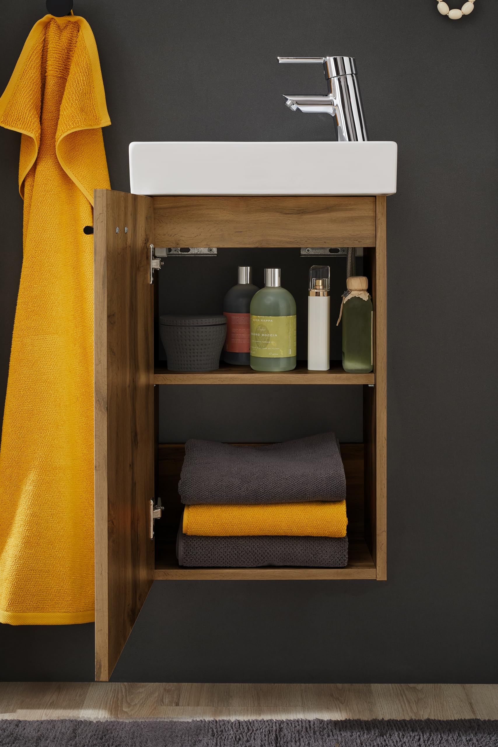 Mobile bagno salvaspazio con lavabo e specchio, Finitura Quercia, Ideale per spazi ristretti L.41 P.23 H.165 cm