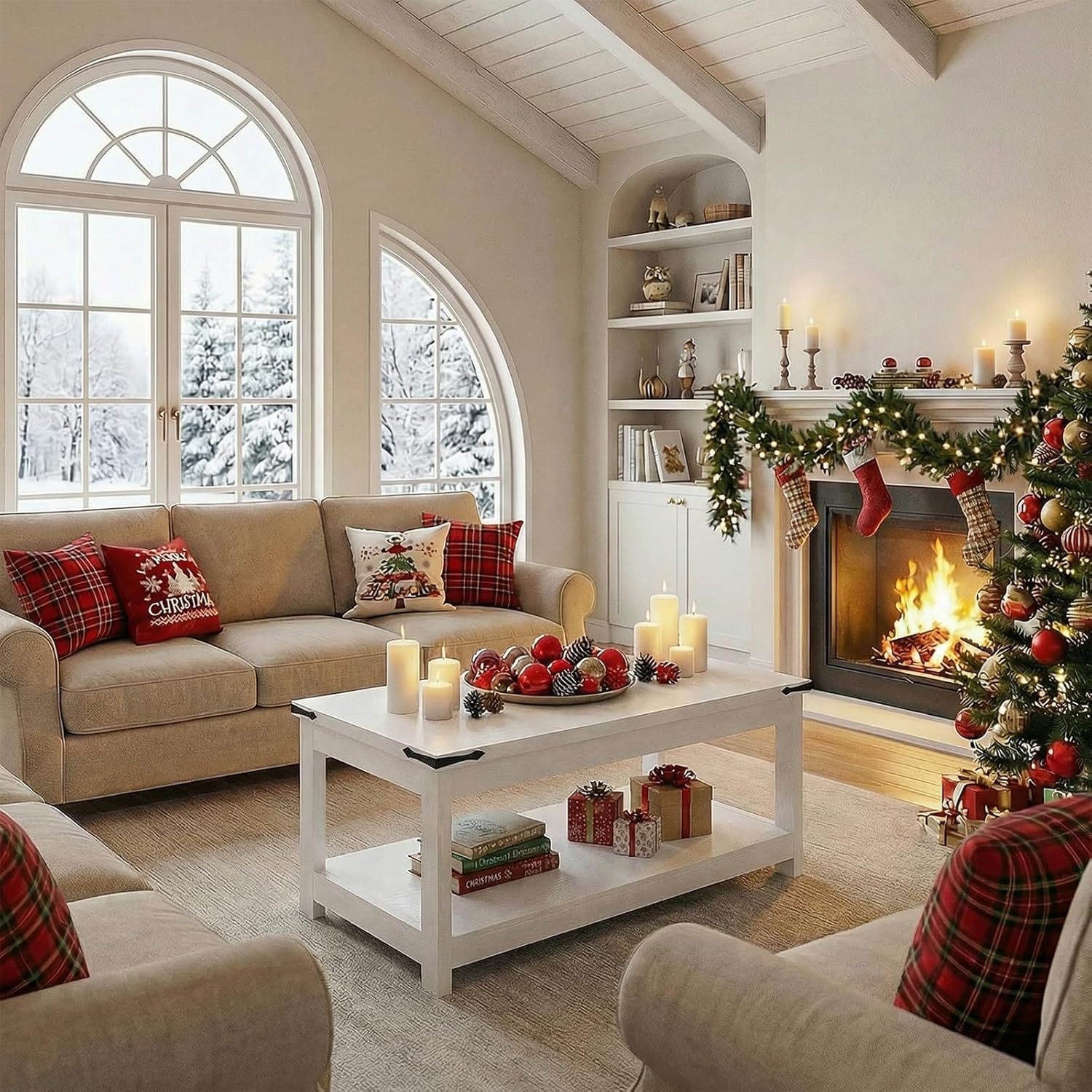 Homieasy 43.3” Rectangular Coffee Table with Storage Shelf, Farmhouse Wood Center Table for Living Room, Modern Black Tea Table with Open Shelf, White