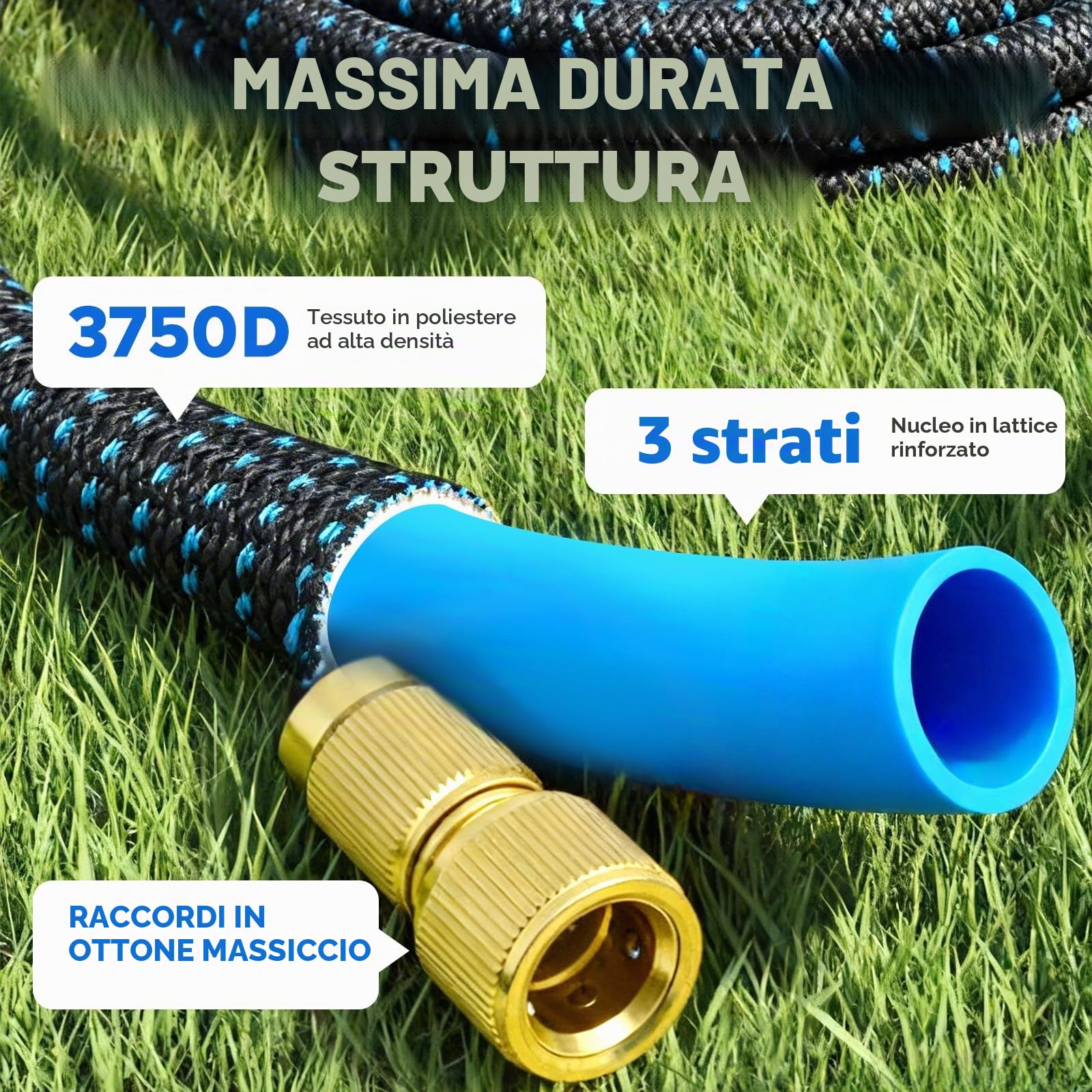 Tubo Estensibile da Giardino 30m/100ft, Tubo Acqua con Raccordi in Ottone da 1/2" e 3/4'', Canna con 10 Modalità Spruzzo per Irrigazione e Lavaggio