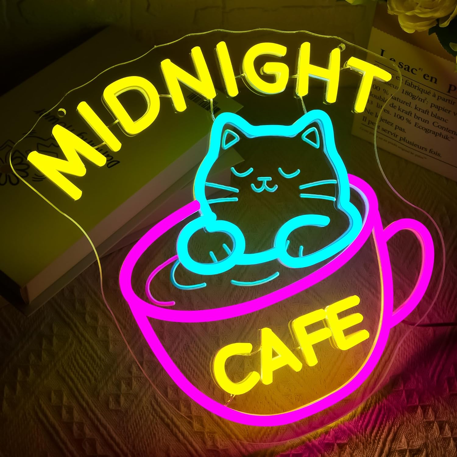Midnight Coffee Cat Neon Sign for Wall Decor Dimmable Cafe LED Light Sign for Business Coffee Bar Decor Cute Cat Cafe Signs for Shop Bar Kitchen Home USB Powered Light Up Sign Size 13 * 12.6in(P088)