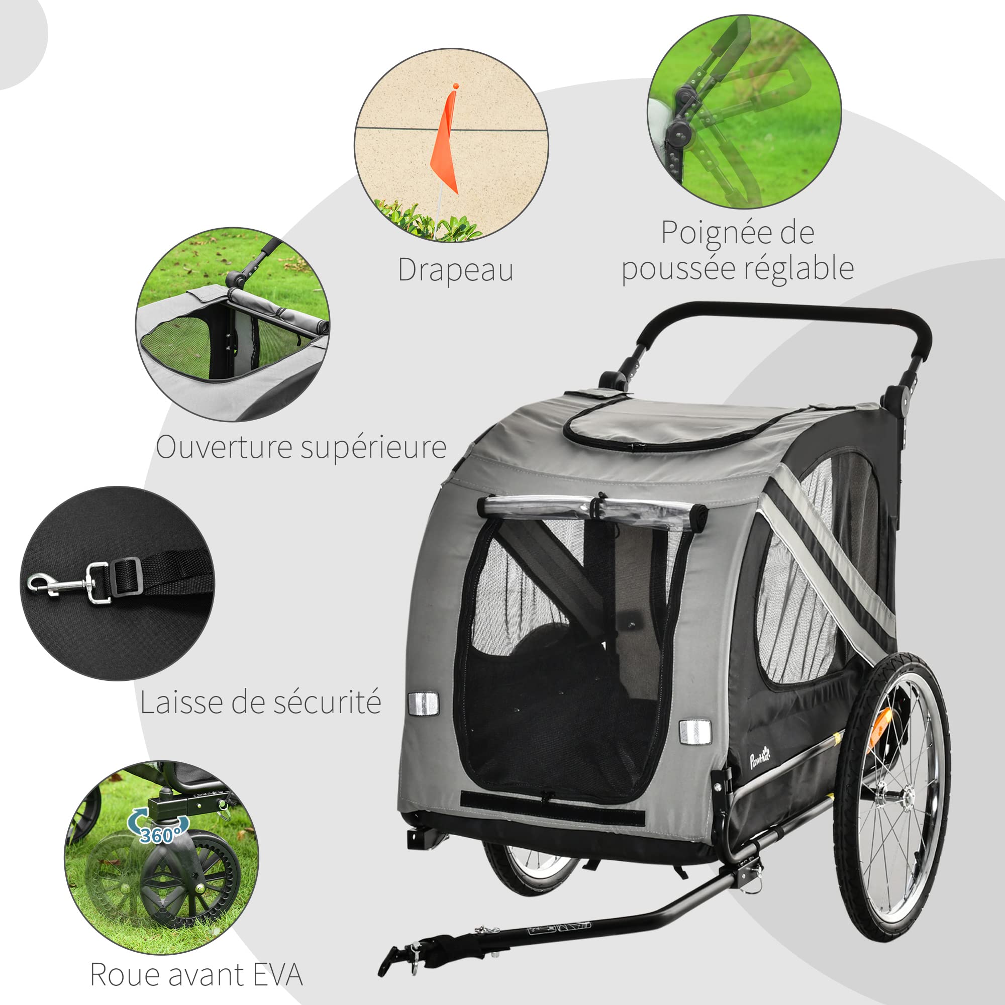 PawHut Remorque à vélo pour Chien Convertible Jogger 2 en 1 pour Animaux avec Drapeau réflecteurs