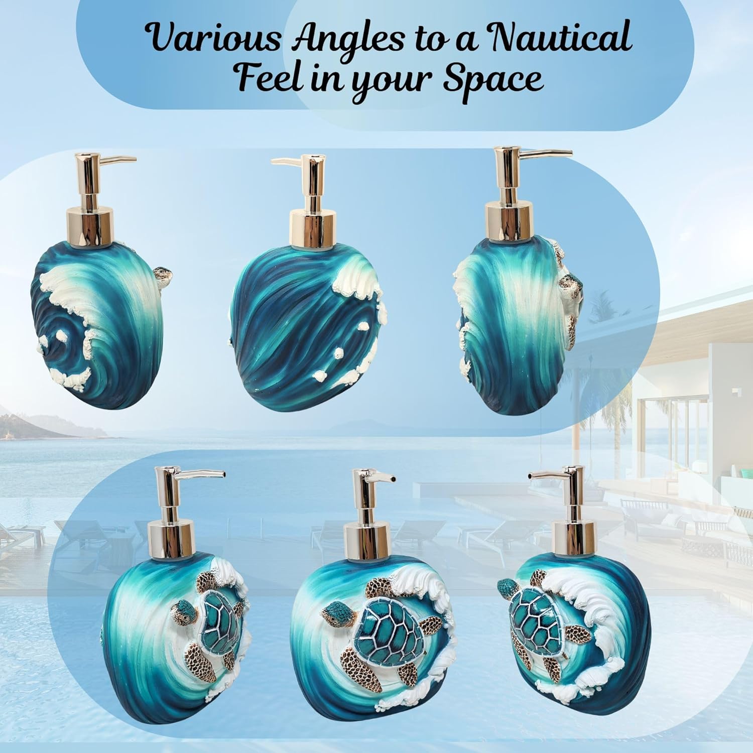 BestGiftEver Sea Turtle Wave Decorative Soap Pump Dispenser - Nautical and Ocean - Inspired Refillable Liquid Soap and Lotion Bottle Storage - Ideal for Sea and Marine Life Lovers