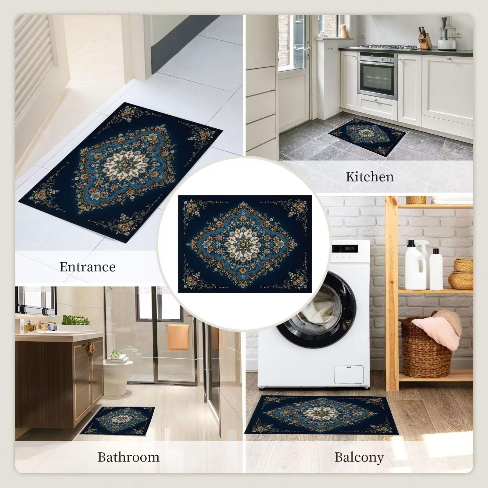 Tapis Bleu foncé Style de tapis persan Motif floral géométrique Élégantes Paillasson Exterieur Entree Paillasson Interieur Antidérapant Lavable Tapi Entree Interieur pour Cuisine Couloir 80 x 120 cm