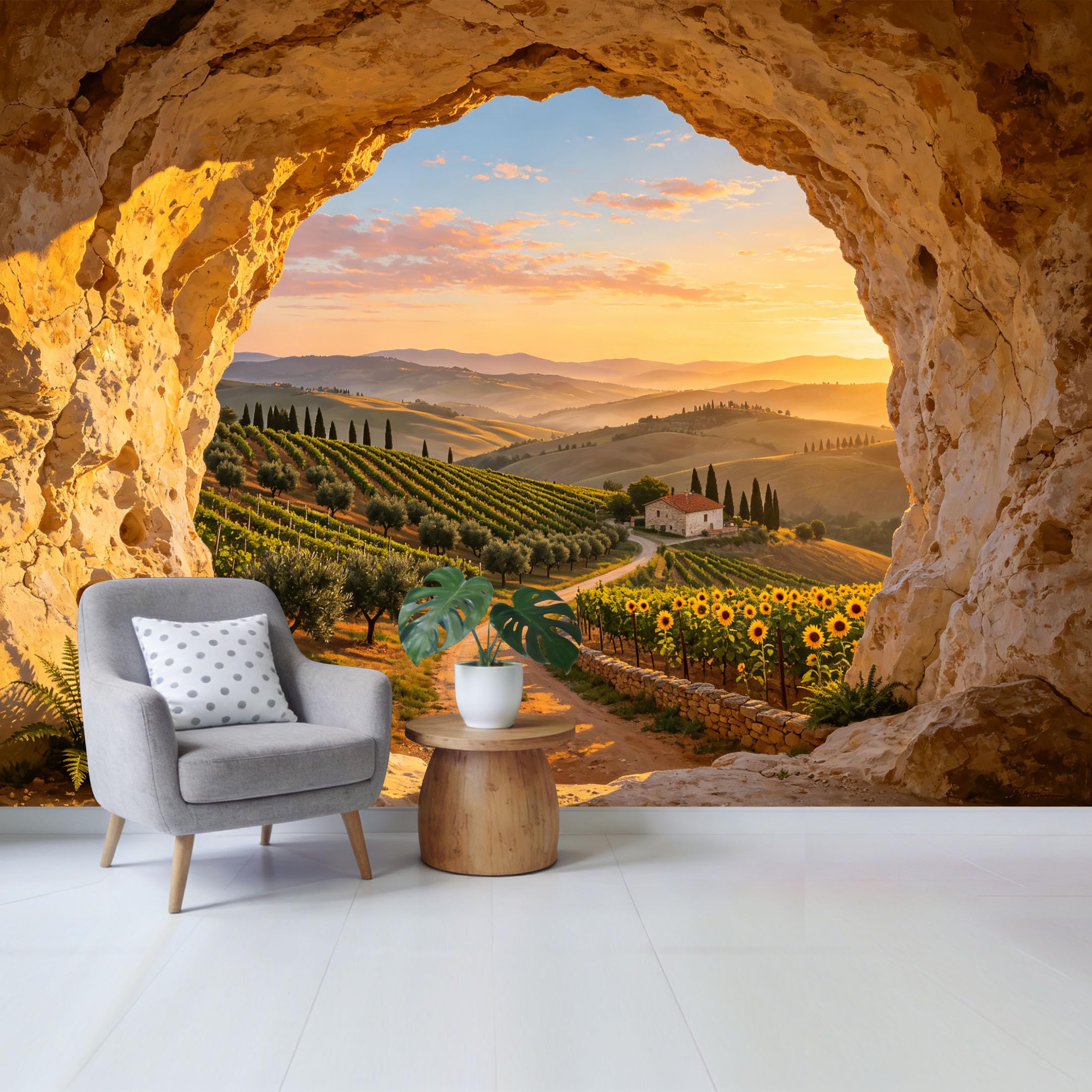 Custom Size Wall Mural Tuscan Vineyard Sunflower Field Cave Landscape Removable Self Adhesive Fabric Home Wall Decor for Living Room Bedroom Bathroom