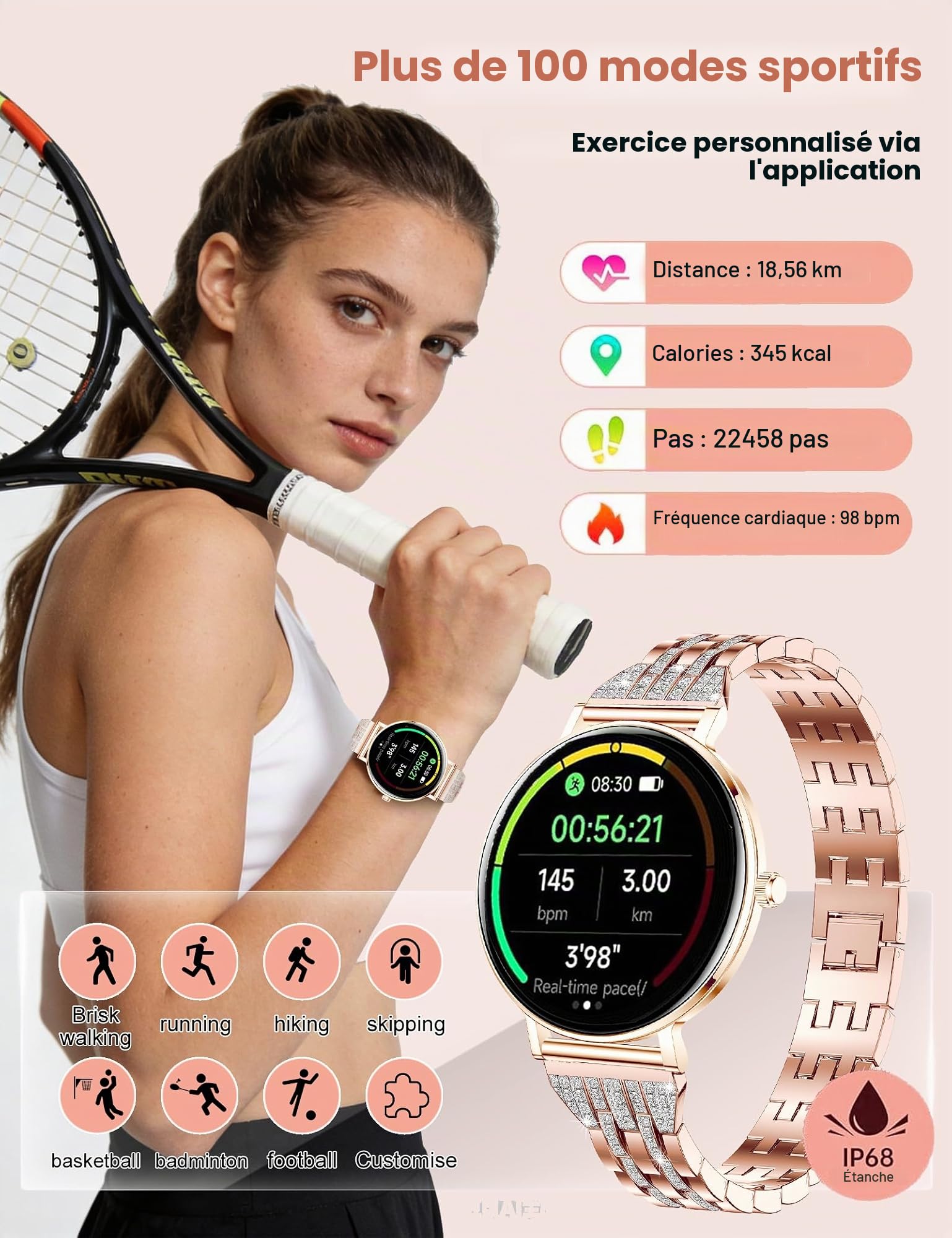 Montre Connectée Femme Ultra-fines (8mm),Écran AMOLED 1,32",Batterie 7 Jours,Suivi Santé et Sommeil,Appel BLE5.3,Assistant Vocal,Fonction Féminine,IP68 Étanche Smartwatch pour Android iOS,Or Rose