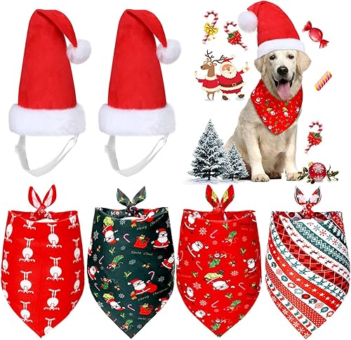 Juego de 4 pañuelos navideños para perros, bufanda triangular ajustable para mascotas y 2 sombreros de Papá Noel para perros, gatos, patrones de