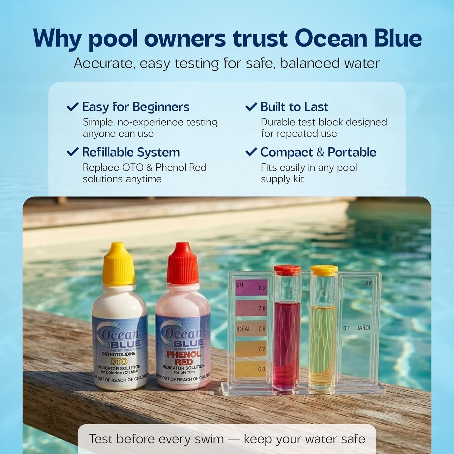 Ocean Blue pH & Chlorine Test Kit, Complete Pool Water Testing Kit for Inground & Above Ground Pools, Spas, and Hot Tubs | Orthotolidine Chlorine & pH Drop Test System with Refillable Reagents