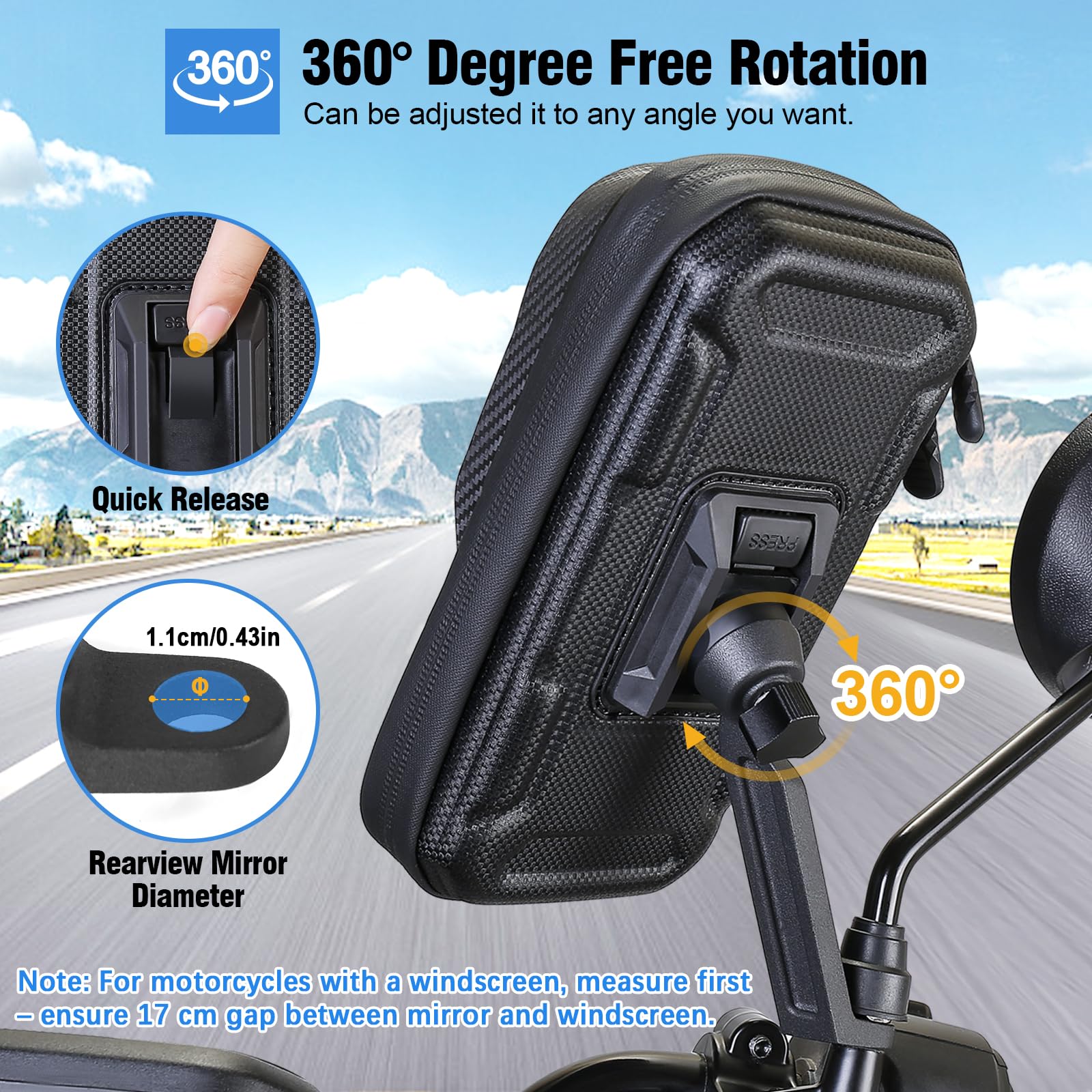 Porta Cellulare Moto Impermeabile, Porta Telefono Motocicletta con 360 Gradi Rotabile Supporto Cellulare Scooter Specchietto con Touch ID per Smartphone da 4,0-7,2 Pollici (Nero)