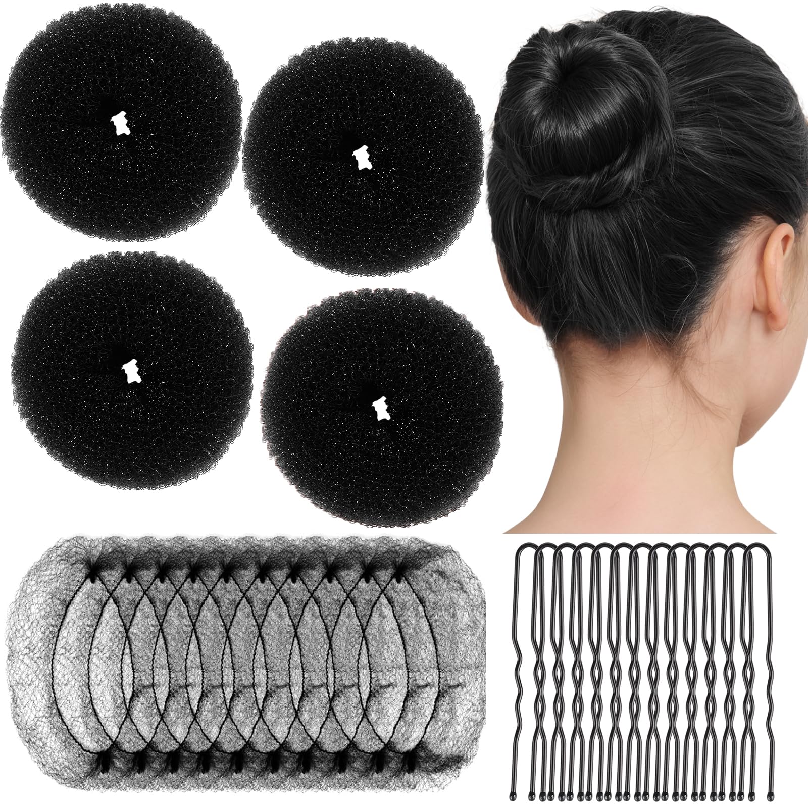 Teenitor Small Hair Bun Maker and Hair Nets Kit, 4 Pcs Small Ballet Bun, 10 Pcs 30 cm Hair Nets for Buns, 20 Pcs U Shaped Bobby Pins, Black Black 1 Count (Pack of 1)