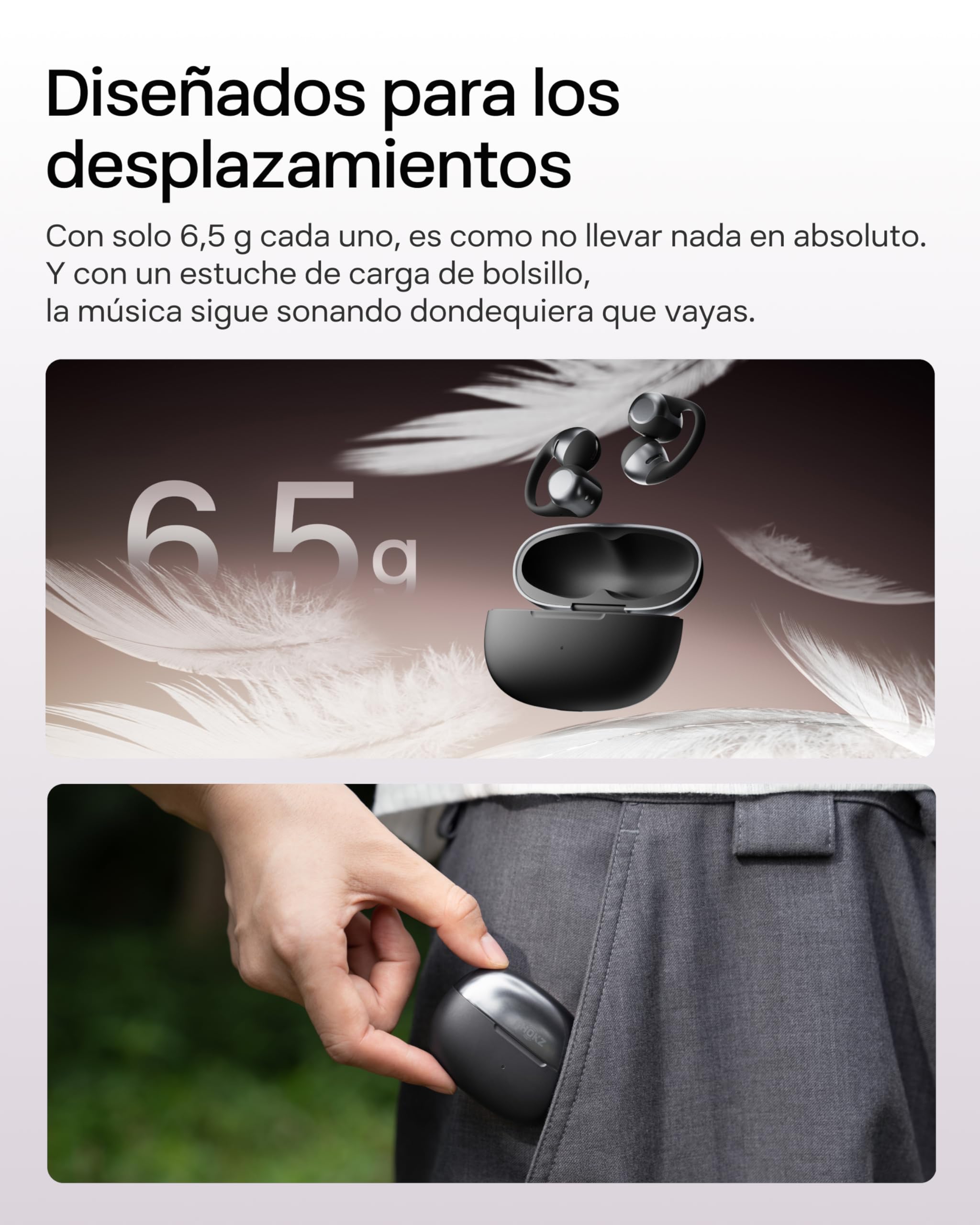 SHOKZ OpenDots One Auriculares Open-Ear Clip-on, Bluetooth 5.4, 6,5g, Negro | Dolby Audio Premium|4 Mics. con Cancelación Ruido|Ligeros 6,5g|40H de Batería|con Paño de Limpieza|Deportivos|Oído Abierto