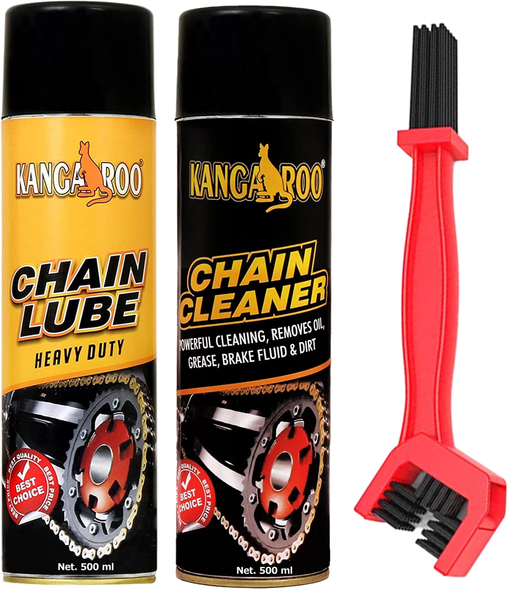KANGAROO Chain Lubricant Spray & Chain Cleaner Kit (500ml Each) + Cleaning Brush | Bike, Motorcycle, Bicycle Maintenance Kit | Anti-Rust, Dirt Removal & Smooth Ride Solution | All-Weather Protection
