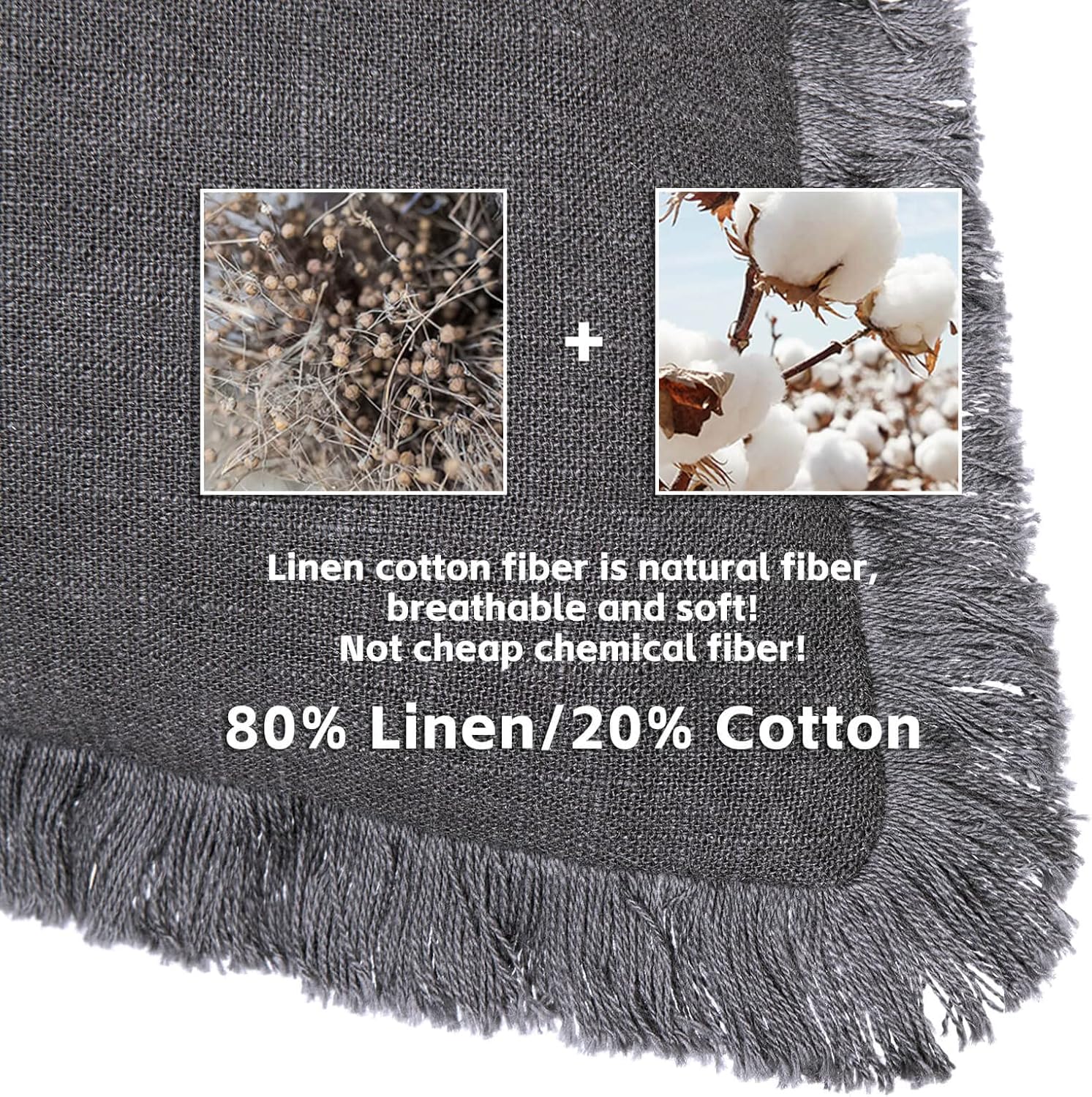 AmHoo Pack of 2 Linen Pillow Covers with Tassels Fringed Decorative Rustic Natural Throw Pillowcase Cushion for Couch Sofa Bedroom 18 x 18-Inch Dark Grey - Image 3