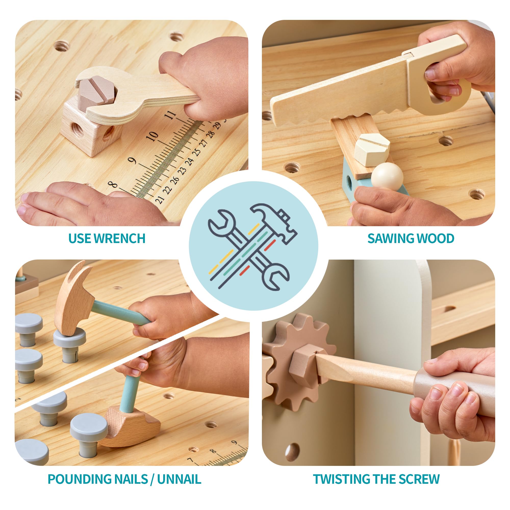 Panca per Attrezzi per Bambini in Legno Con Cintura, Banco da Lavoro, Set di Strumenti da Costruzione - Regalo