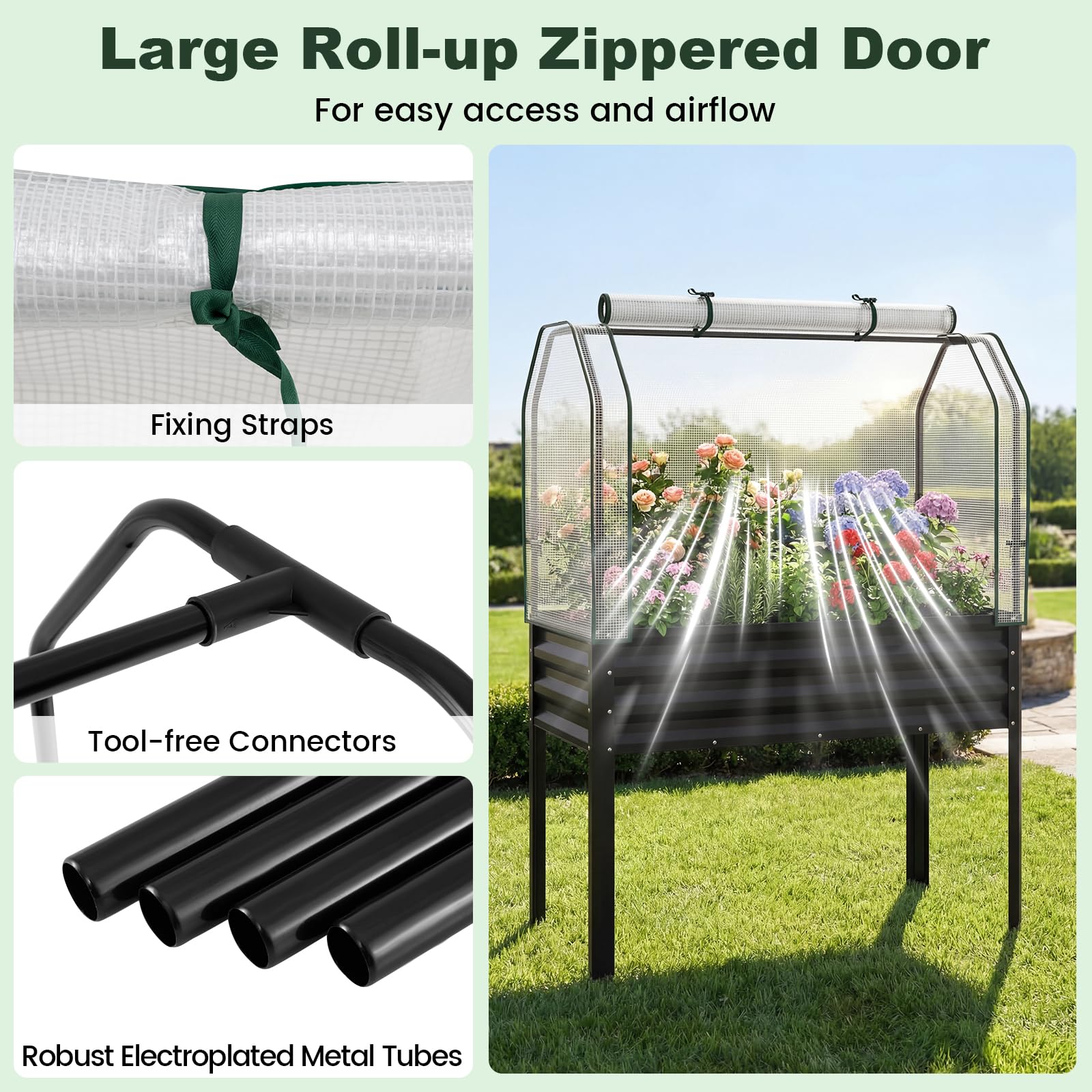 FANTASK 3 in 1 Pflanzkasten mit PE-Abdeckung, 112 x 55 x 152 cm, erhöhtes Hochbeet mit rollbarer Tür, Gartenbeet aus verzinktem Metall, Pflanzbeet, Kräuterbeet für Garten Balkon Terrasse (Schwarz)
