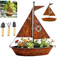 Rustic Sailboat Metal Planter, Rustic Iron Sailboat Sculpture - Metal Art 3D Decor with Planter Function, Nautical Garden Decor for Succulent Herb Patio Balcony Yard 1PC