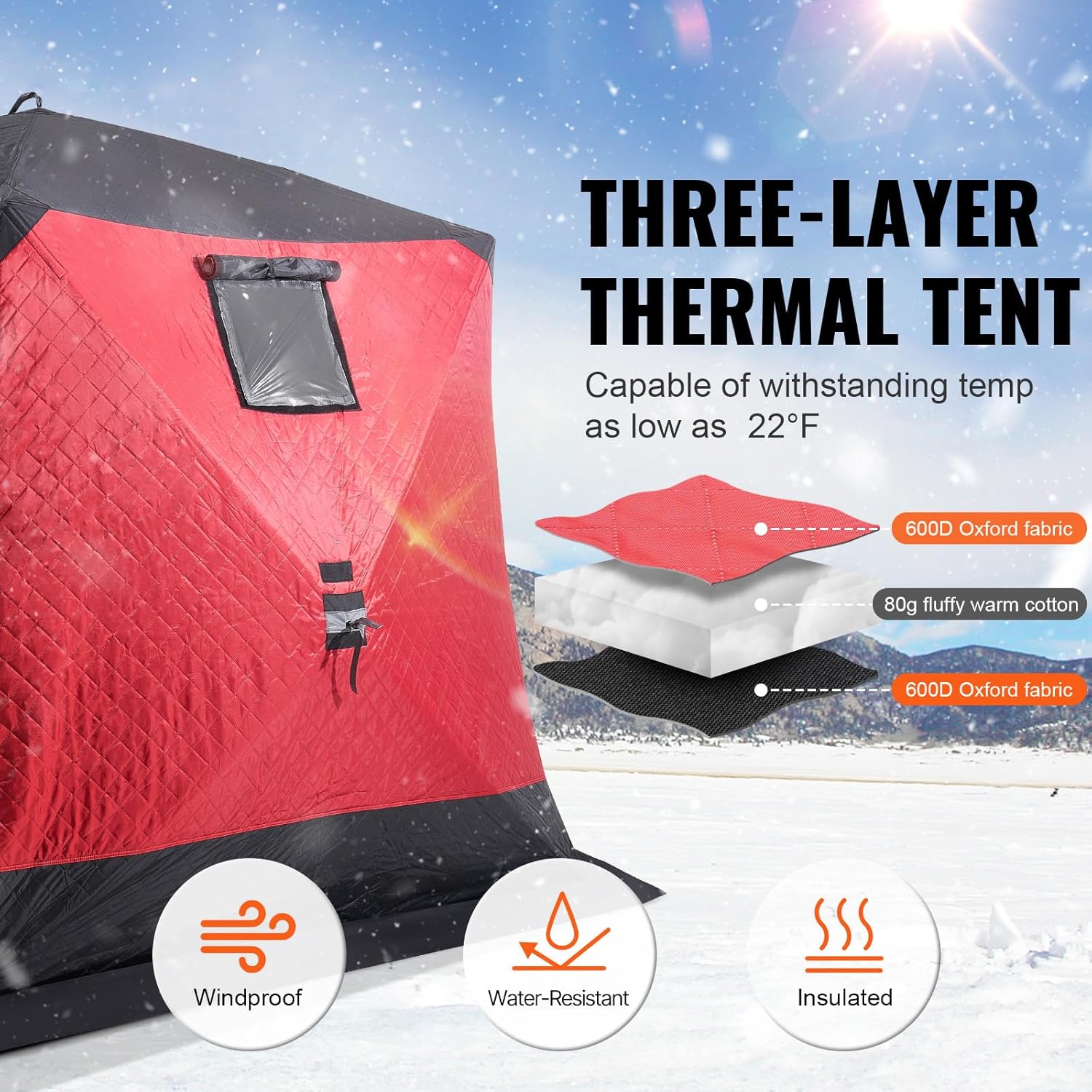 VEVOR Portable Pop-Up Tent, 1-8 Person Insulated Shelter, Large Fishing Area, Hub-Style Shanty for Winter Fishing, Waterproof Oxford Ice Cube with Anchors/Ropes/Carrying Bag