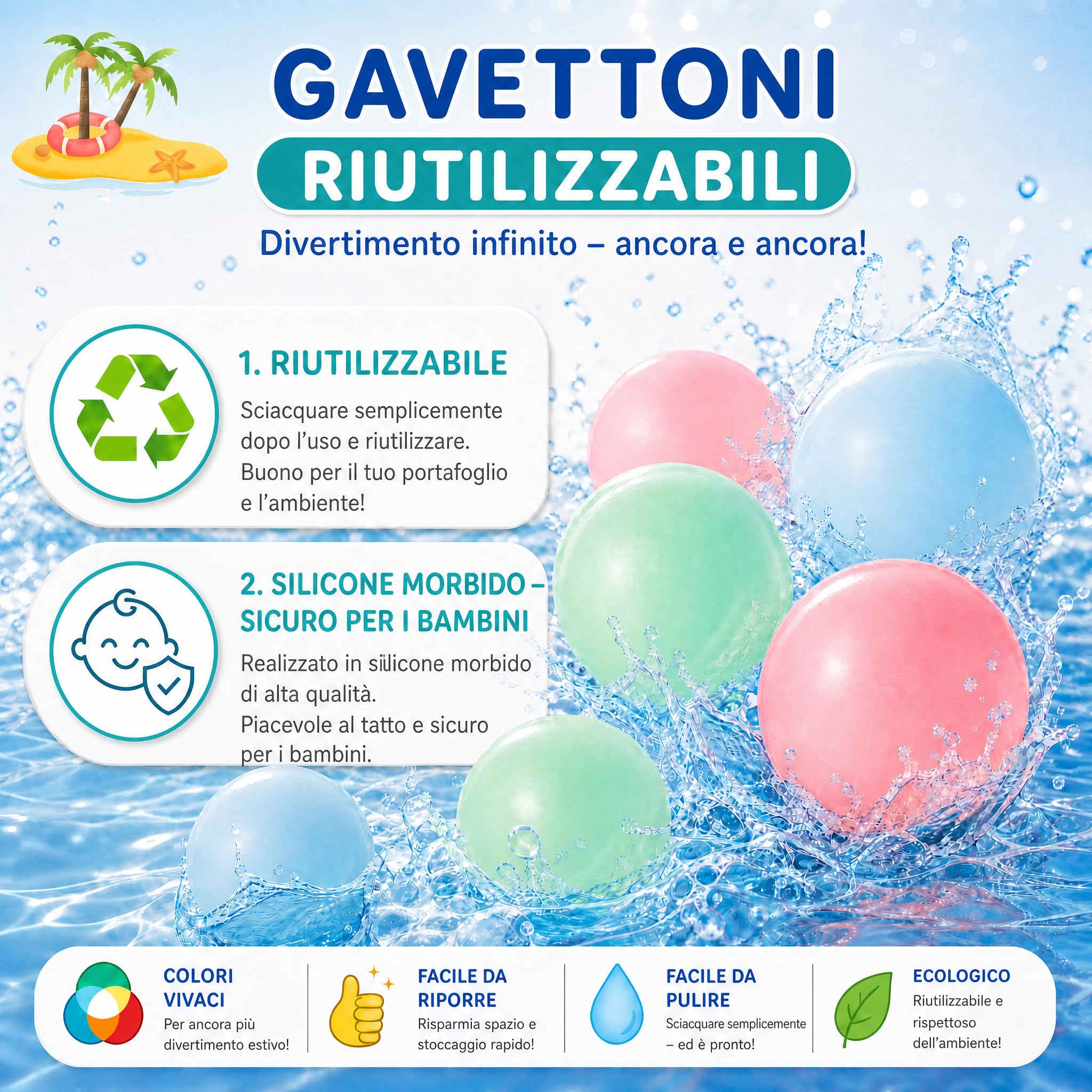 Gavettoni Riutilizzabili, 30 Pezzi Palloncini Acqua Autosigillanti in Silicone, Palloncini d'acqua Riempimento Rapido Bombe d'acqua per Giochi d'acqua & Feste Estive All'aperto