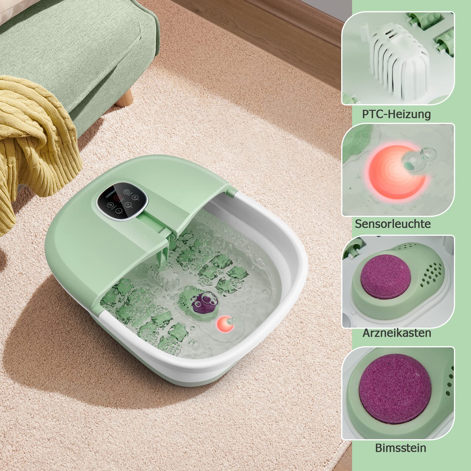 COSTWAY Fußbad Massagegerät faltbar, Elektrische Fußbadewanne Heizung und Sprudelmassage, Fußmassage Spa mit Massagerollen, Bimsstein, Blubberblasen (Grün)