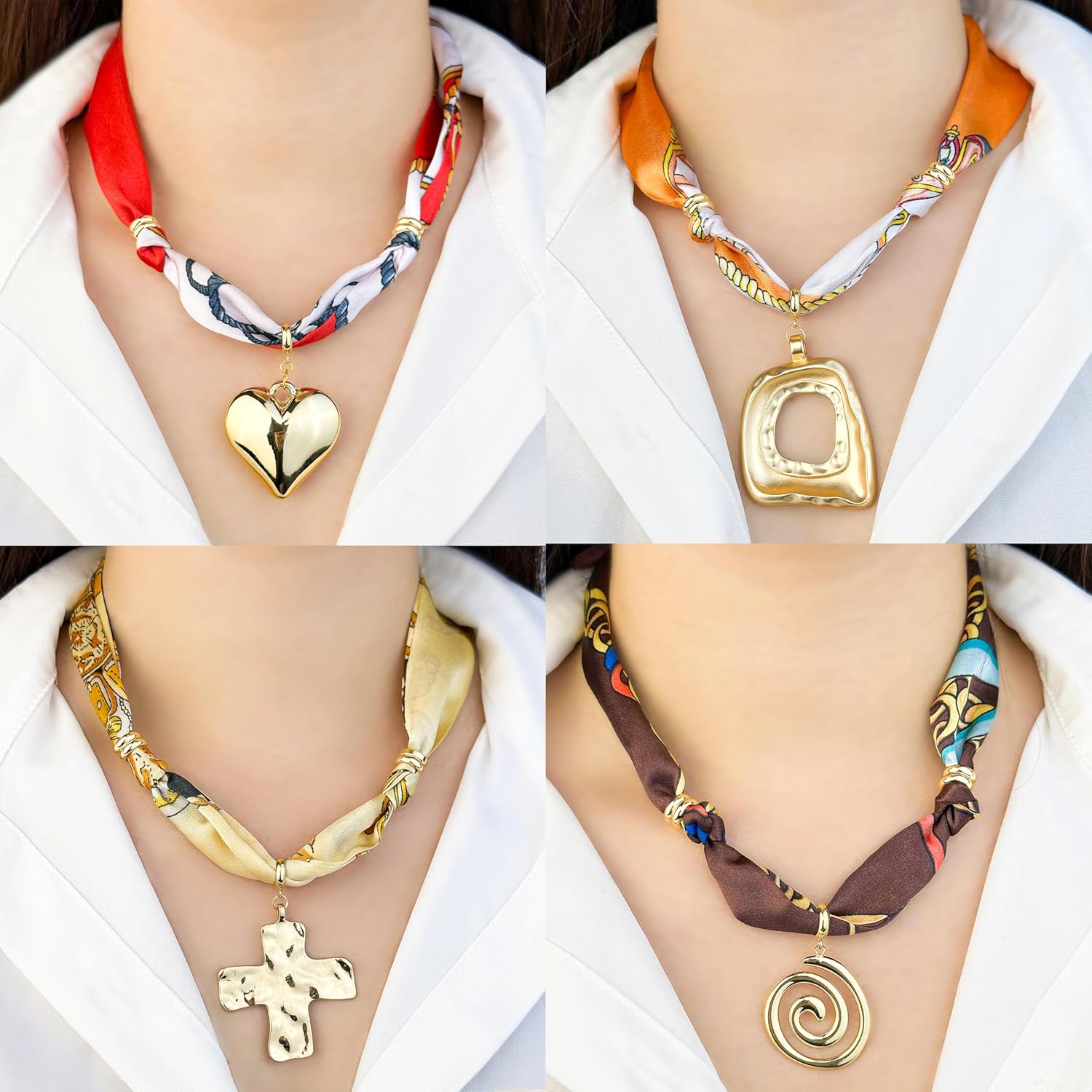 Scarf Necklace with Chunky Charms 4 Pack, Silk Bandana Necklace for Women, Adjustable Tie Statement Choker Jewelry, Stylish Gift for Birthday or Special Occasions - Image 2