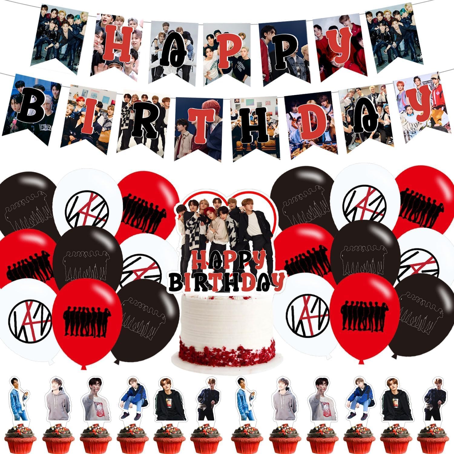 Stray Kids Merch 5 Star Party Decorations,Birthday Party Supplies For Stray Kids Party Supplies Includes Banner - Cake Topper - 24 Cupcake Toppers - 18 Balloons