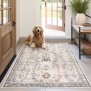 Madane Area Rug 3x5, Washable Entryway Rugs Printed Vintage Rugs for Bedroom Non Slip Indoor Kitchen Runner for Living Room Laundry Room Playroom Soft Non-Slip Floor Carpets, Brown/Gold