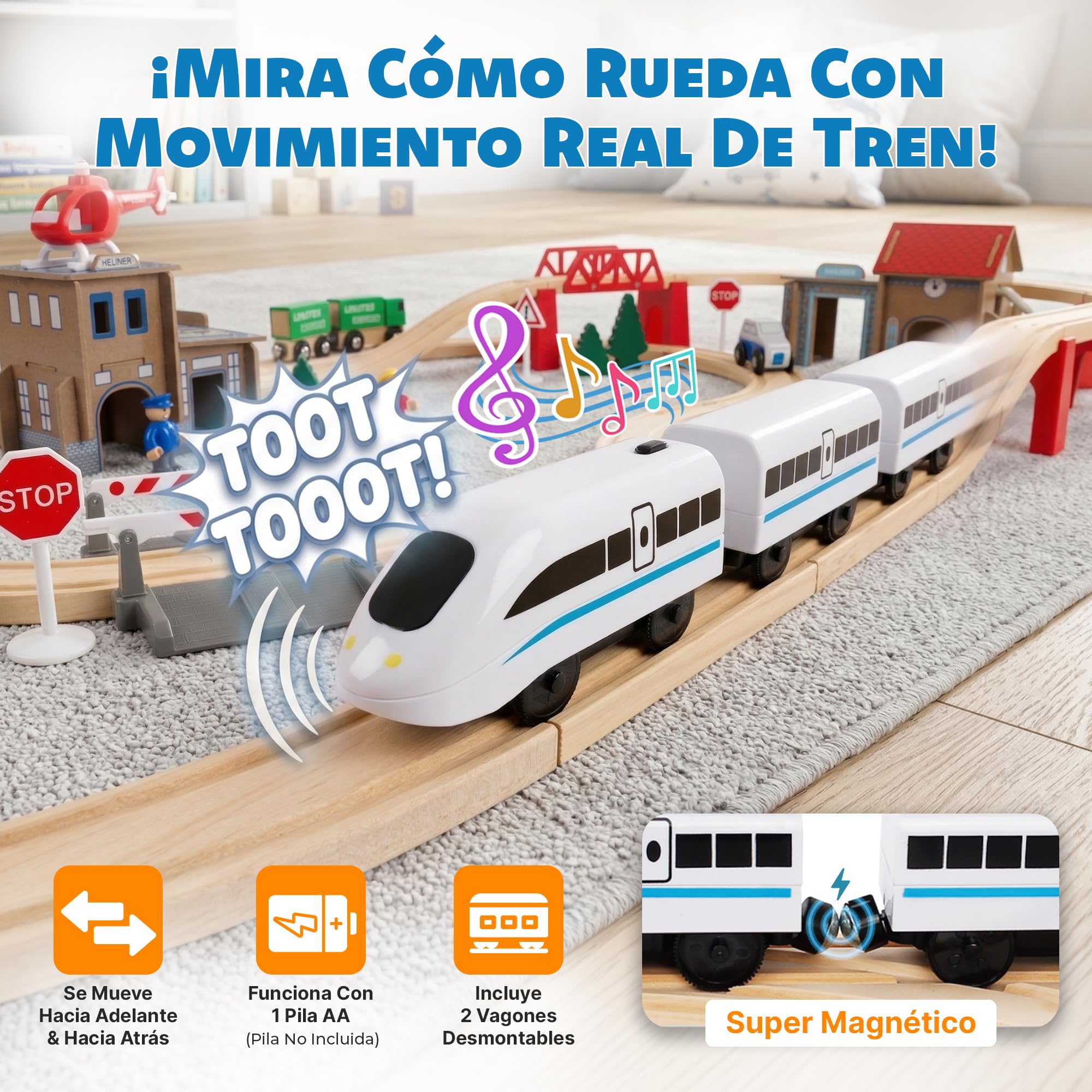 Tren de Madera para Niños - Green Series Modelo GS0010, Tren Juguete con 80 Elementos, Ideal para Niños de 2-3 Años, Vías y Trenes de Juguetes para Niños