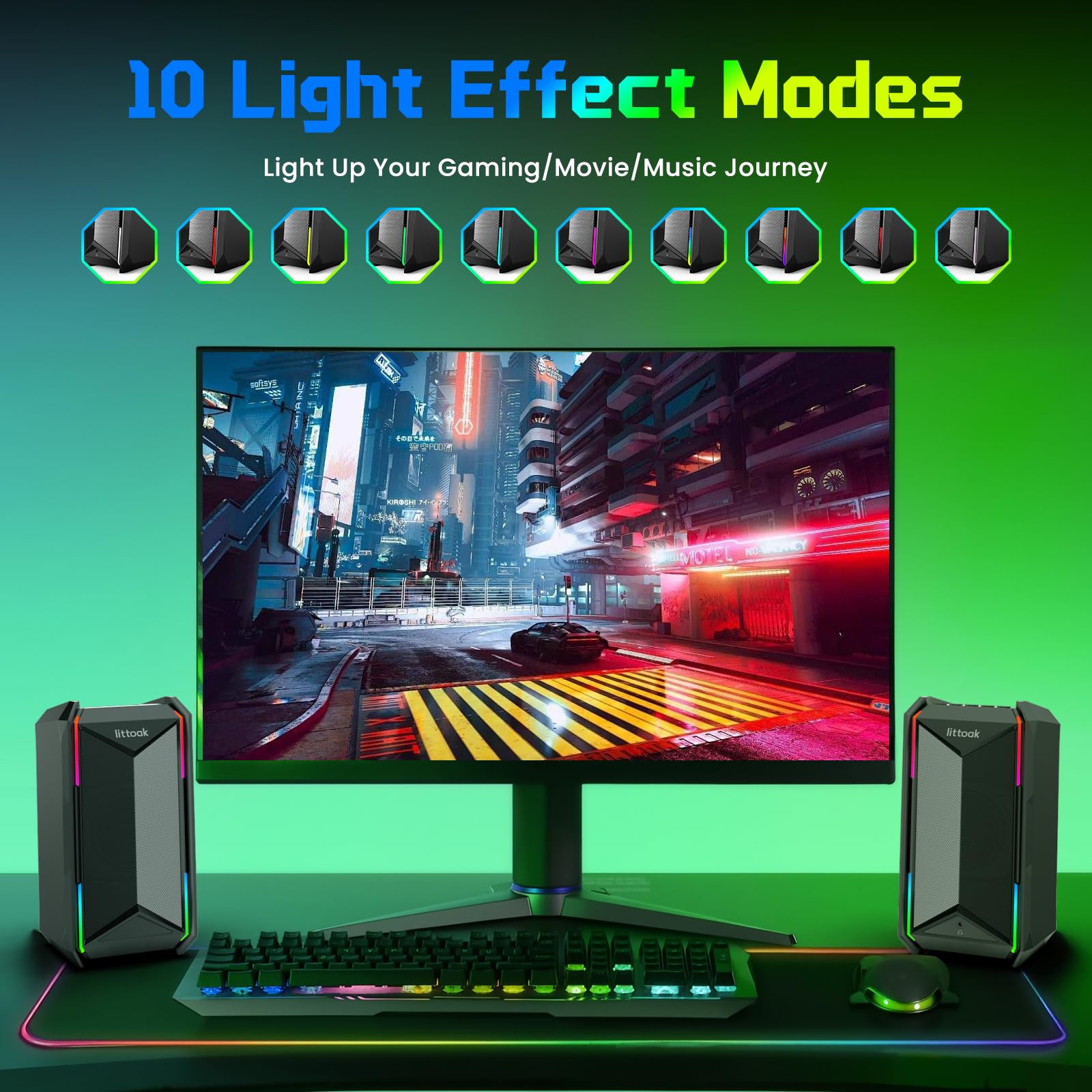 LITTOAK Altoparlanti per computer per musica e giochi, altoparlanti alimentati con adattatore CC per PC desktop o laptop, altoparlante desktop Bluetooth 5.3, 10 modalità RGB, ingresso AUX da 3,5 mm