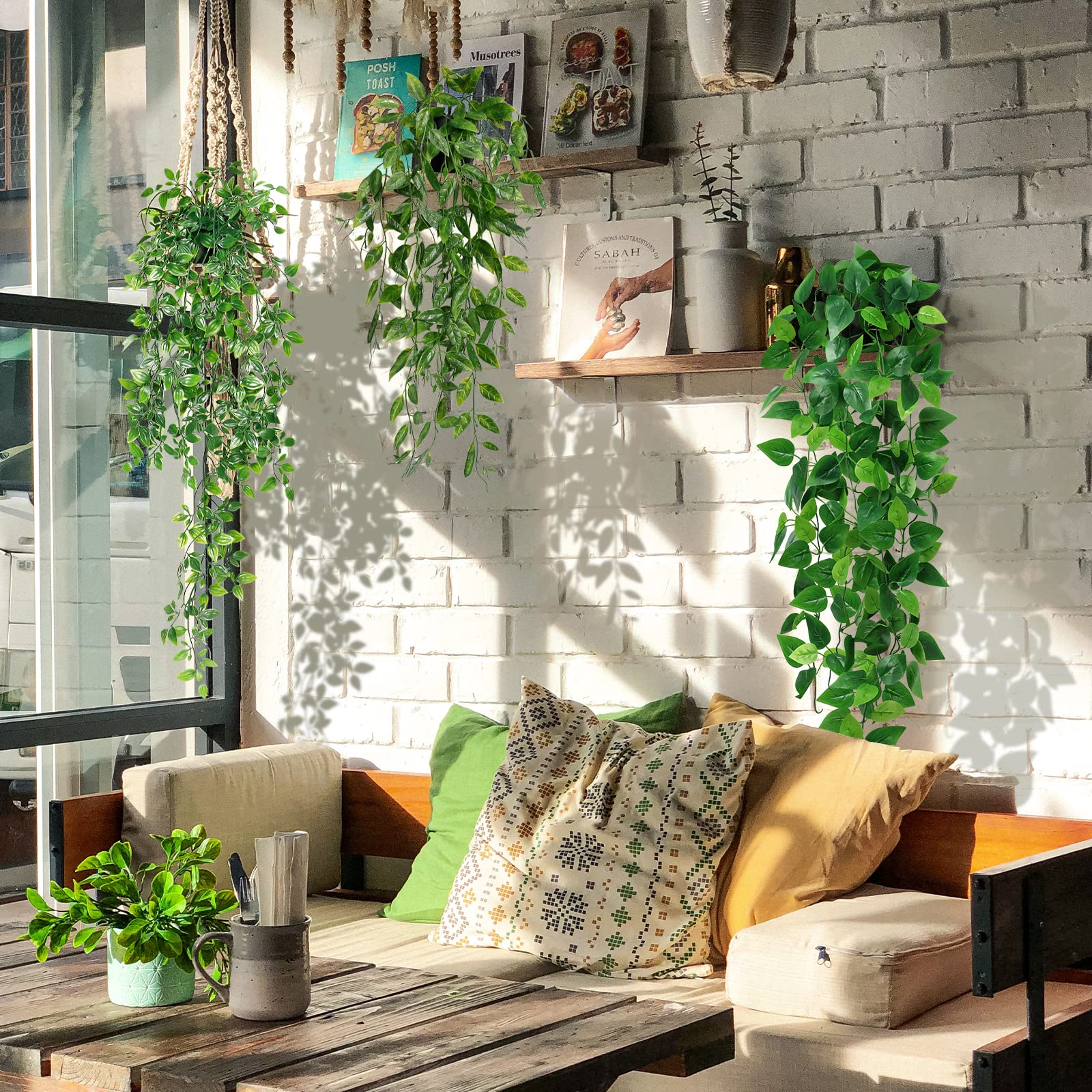Betylifoy Pianta Finta Cadente con Vaso 4 Pz, Piante Artificiali Sospese Foglie di Eucalipto con Vasi, Pianta in Vaso Artificiale per Giardino di Casa Interni ed Esterni