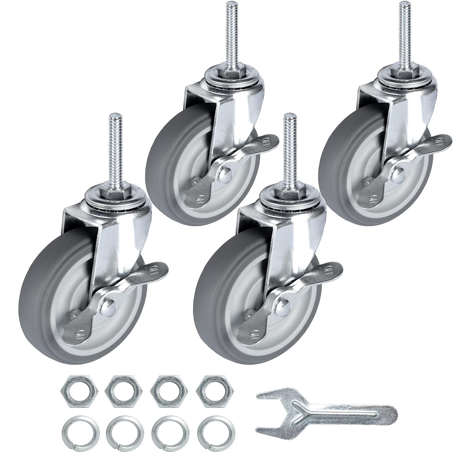 Set of 4 Size 3 inch Finnhomy Caster Wheels 3 Inch Set of 4 Heavy Duty Threaded Stem Casters 5/16-18x1-1/2 Swivel Rubber Industrial Castors Locking Wheels for Wire Shelving/Furniture/Carts Load Bearing 720 Lbs Gray