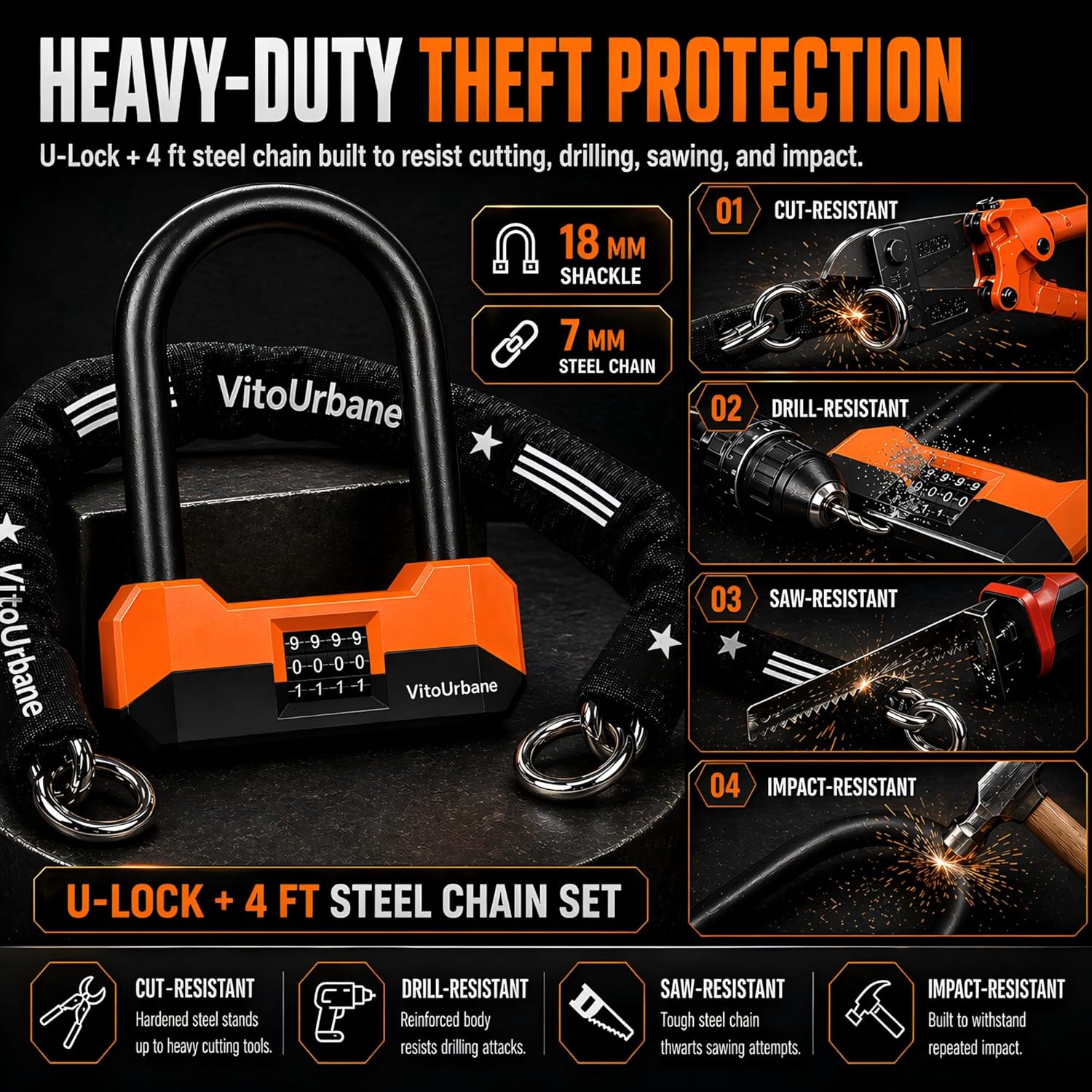 Combination U Lock and Chain Set - Heavy Duty Anti-Theft Combo Bike Lock for Electric Scooter, E-Bike & Bicycle, 4-Digit Resettable, Chain with Protective Sleeve