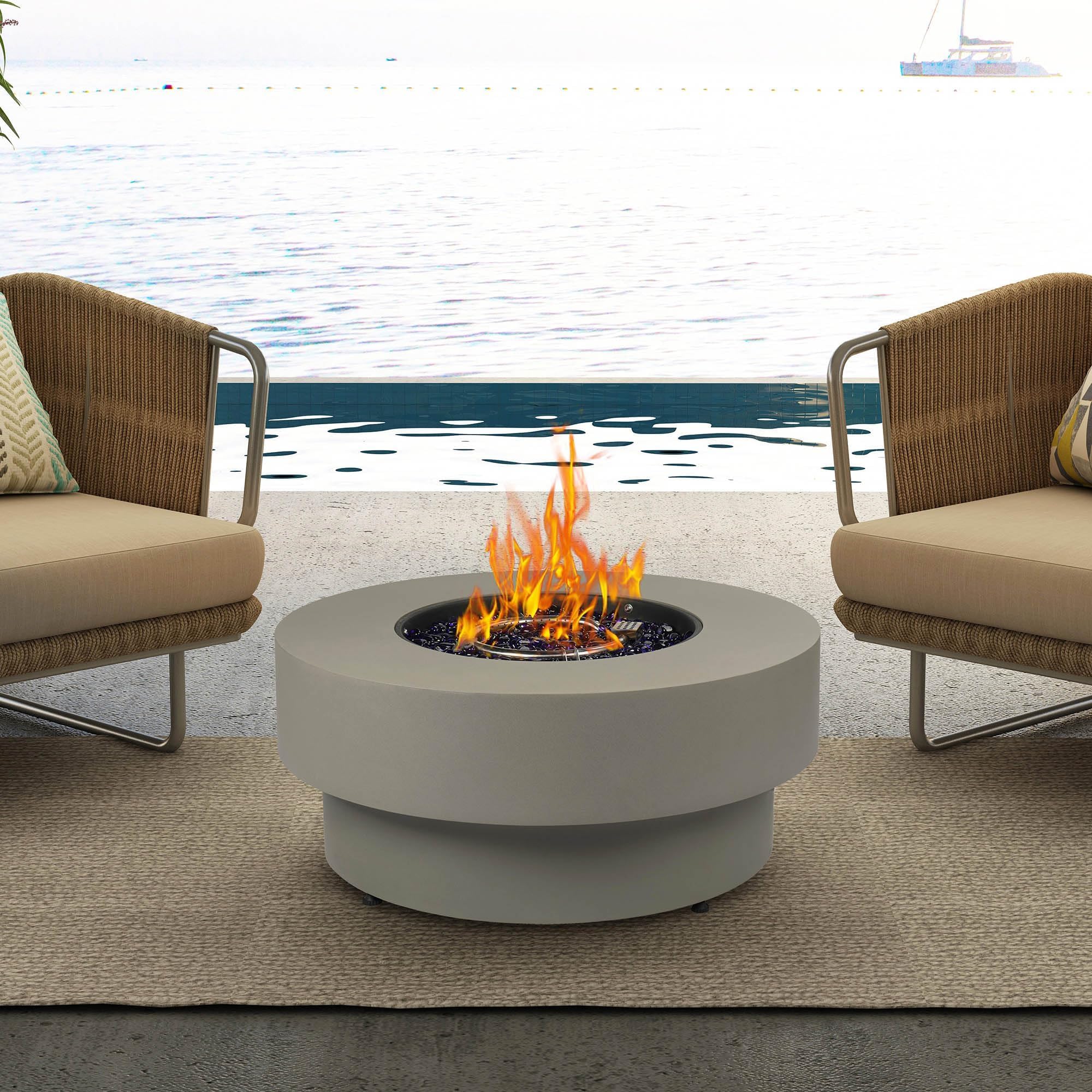 Propane Outdoor Fire Pit Table, Flint & Concrete Look 32-inch Round Patio Propane Fire Table 50,000 BTU w/Lid, Glass Rocks, Cover, Pre-Attached 10ft Hose
