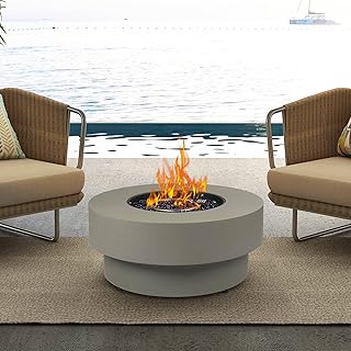 Propane Outdoor Fire Pit Table, Flint & Concrete Look 32.5-inch Round Patio Propane Fire Table 50,000 BTU w/Lid, Glass Rocks, Cover, Pre-Attached 10ft Hose