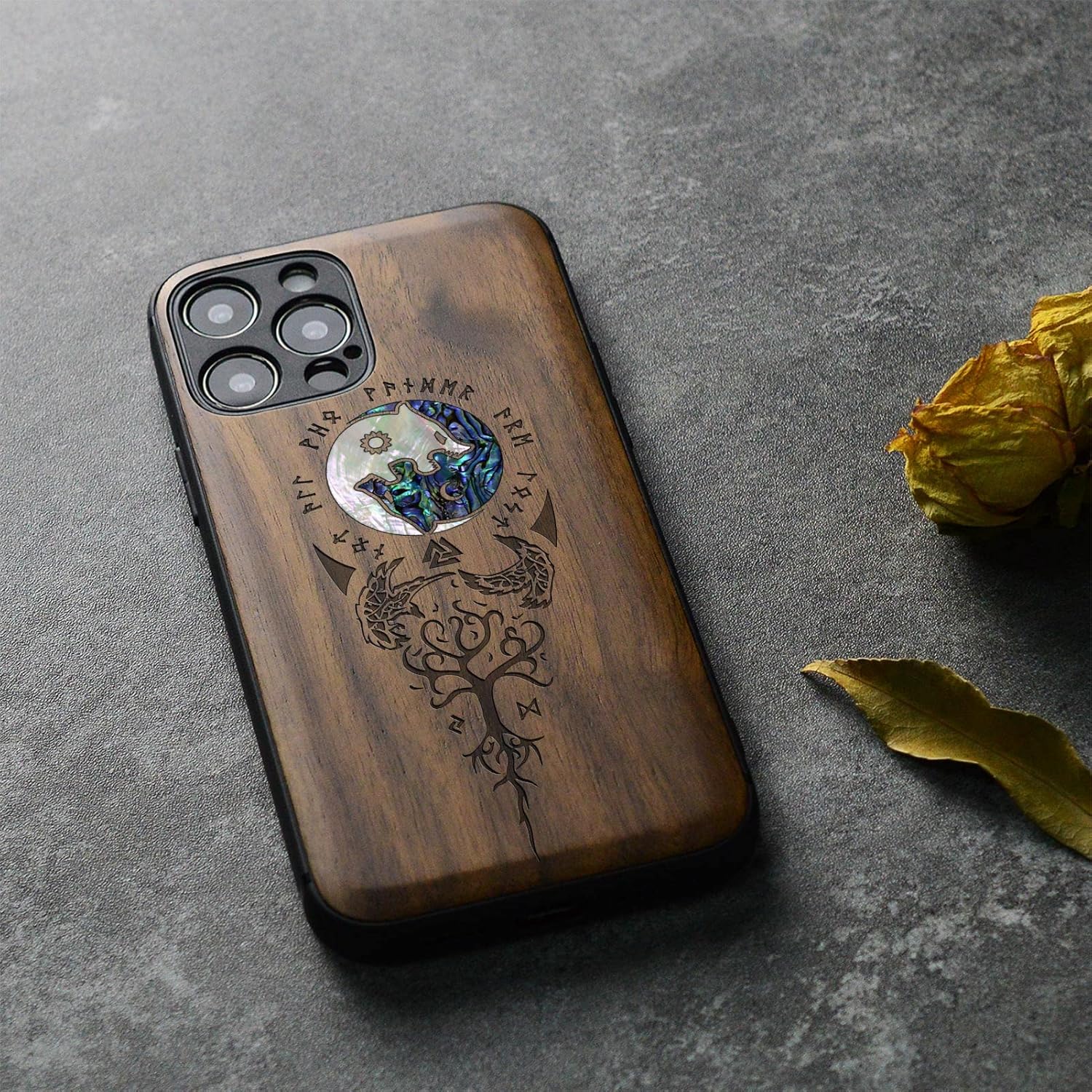 Carveit Designer Wooden Protective Case for iPhone 12 Pro Max Magnetic Cover [Wood Engraving & Shell Inlay] Wood Phone Case Compatible with 12 Pro Max MagSafe 6.7 Inch (Wolf-Walnut)