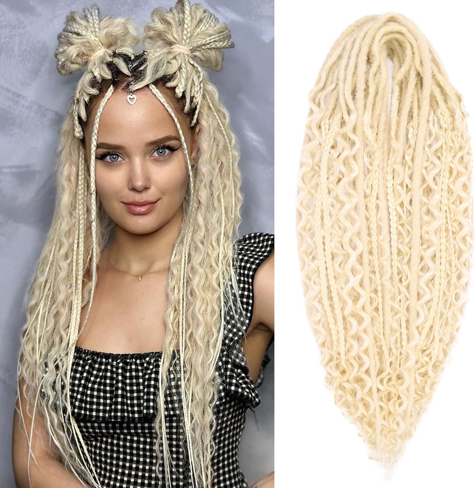 Leeven Synthetic Dreadlock Extensions Double Ended 24 Inch 30 Strands Boho Dreads 613 Blonde 3 Style Mixed Wavy Curly DE Dreads Braid in Full Set Dread for Women Girl