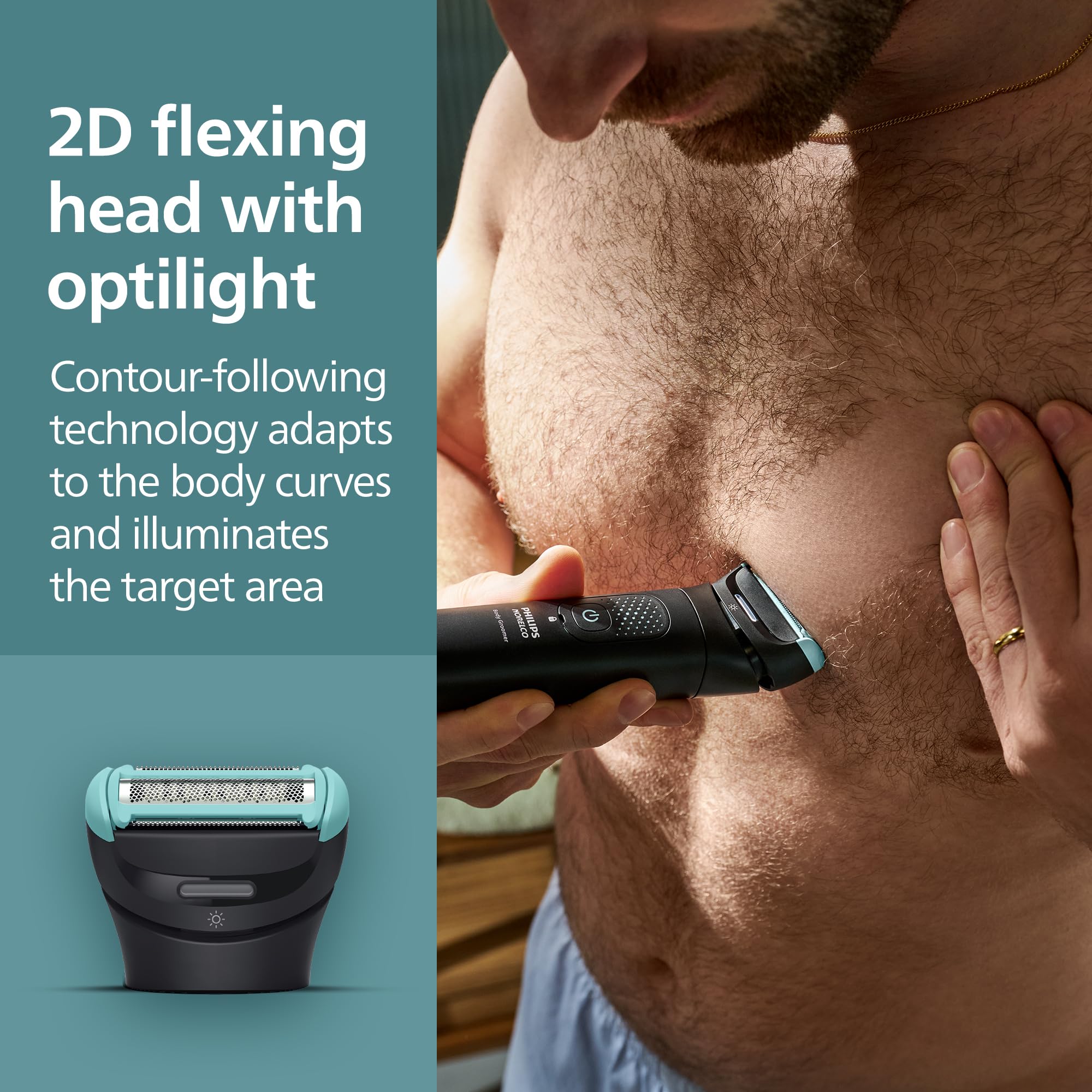 Philips Norelco Body Groomer 7000 Series, Men's Whole Body Groomer, Contour-Following 2D Flexing Head, Triple Protect Shave System & Intimate Body Hair Trimmer, 100% Showerproof, BG7480/50