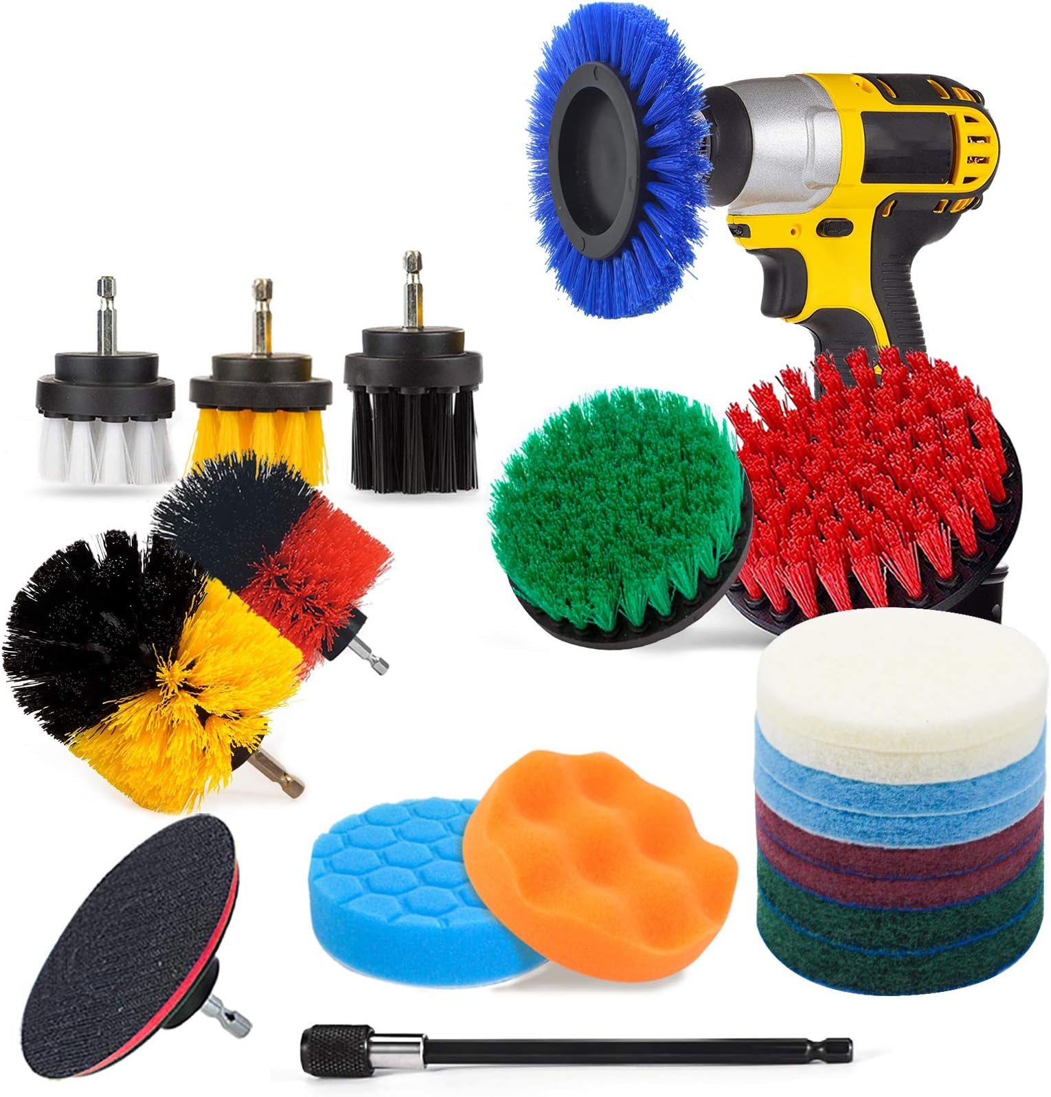 JUSONEY 20 Piece Drill Brush Attachment,Drifferent Size and Hardness - Premium Scrub Pads & Sponge- With Extend Long Attachment- Power Scrubber Brush Cleaning for Grout, Tiles, Sinks, Bathtub, Kitchen