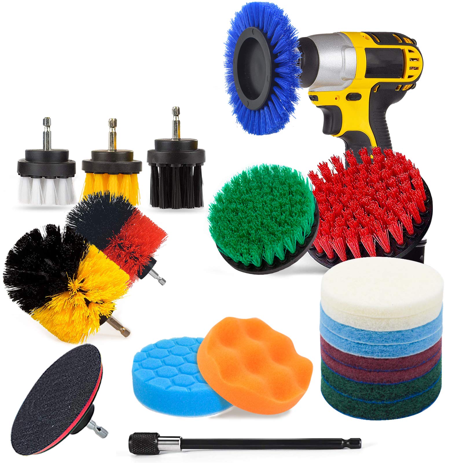 JUSONEY 20 Piece Drill Brush Attachment,Drifferent Size and Hardness - Premium Scrub Pads & Sponge- With Extend Long Attachment- Power Scrubber Brush Cleaning for Grout, Tiles, Sinks, Bathtub, Kitchen