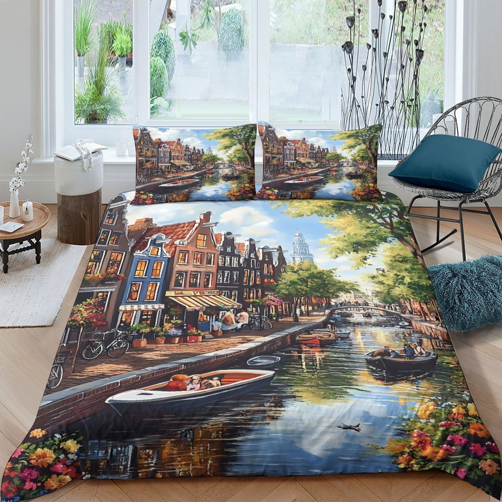 Ctjqhvkz Style-2 3D Printed Amsterdam Canal View Fitted Sheet Microfiber Soft Breathable River Boat Mattress Cover For Bedroom Decor Single（135X200cm）