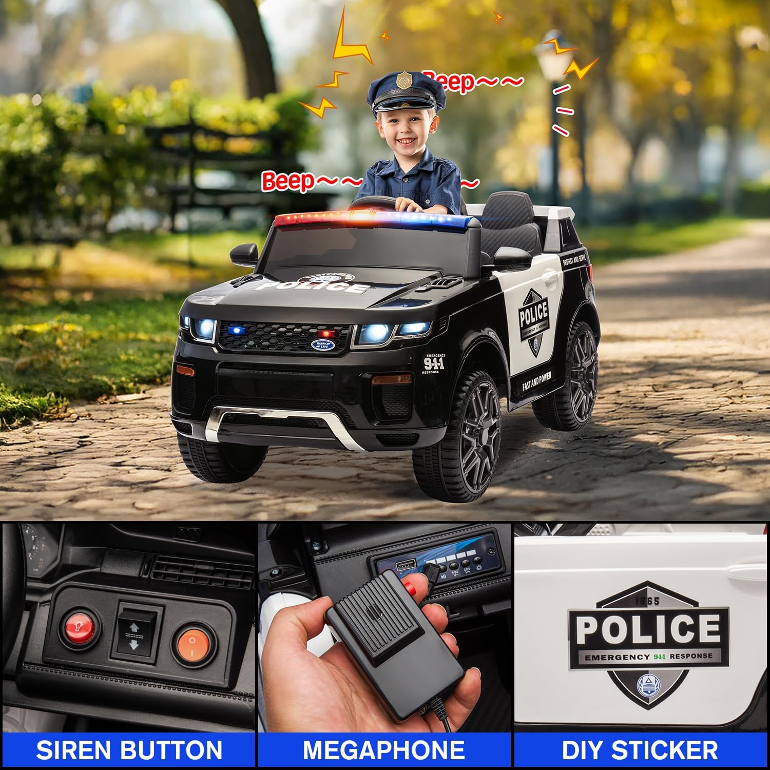 Kids Ride On Police Car 12V Battery Powered Electric Ride-on Vehicle, Flashing Lights w/Parent Remote, Siren, Music, Megaphone, Smooth Start, Suspension, Black