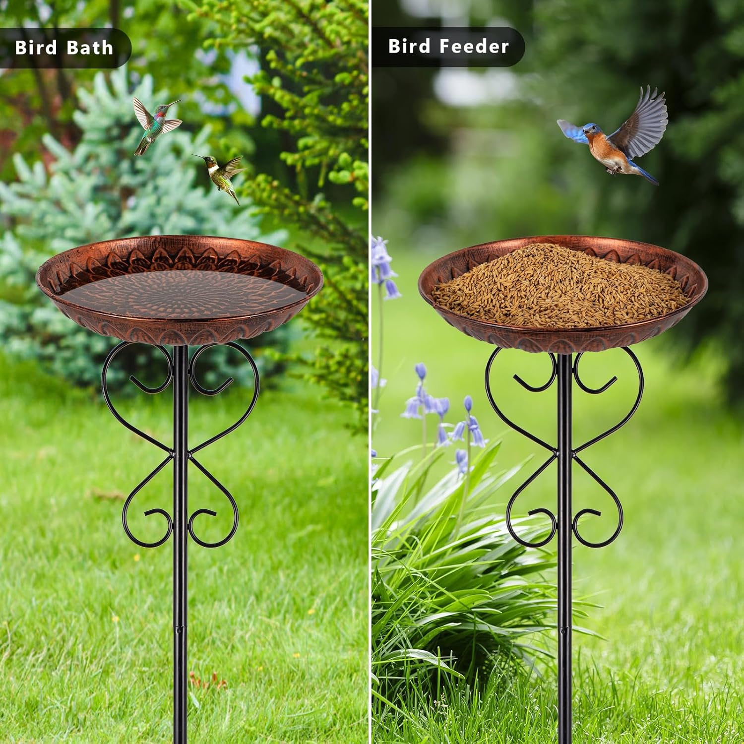 Metal Bird Baths for Outdoors, 38" H Copper Birdbath with 11.4 Inch Bowl, Standing Bird Bath & Bird Feeder with Stake for Outside Garden Patio Yard Lawn Decor