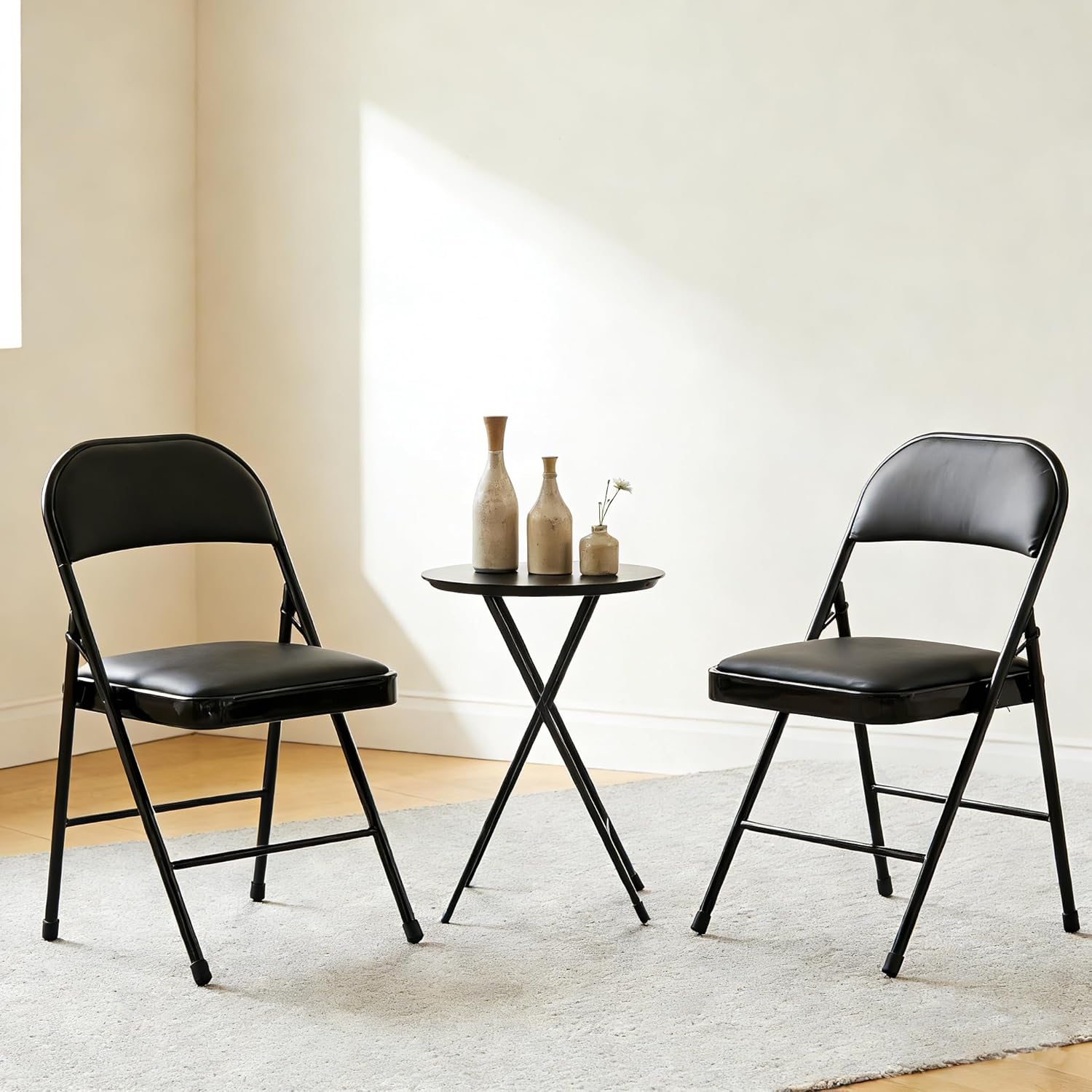 Simple Deluxe 2 Pack Foldable Padded Folding Chairs, Leather Cushion Seat & Sturdy Metal Frame, Portable Commercial Event Chair for Indoor Outdoor Home Office Parties, Black
