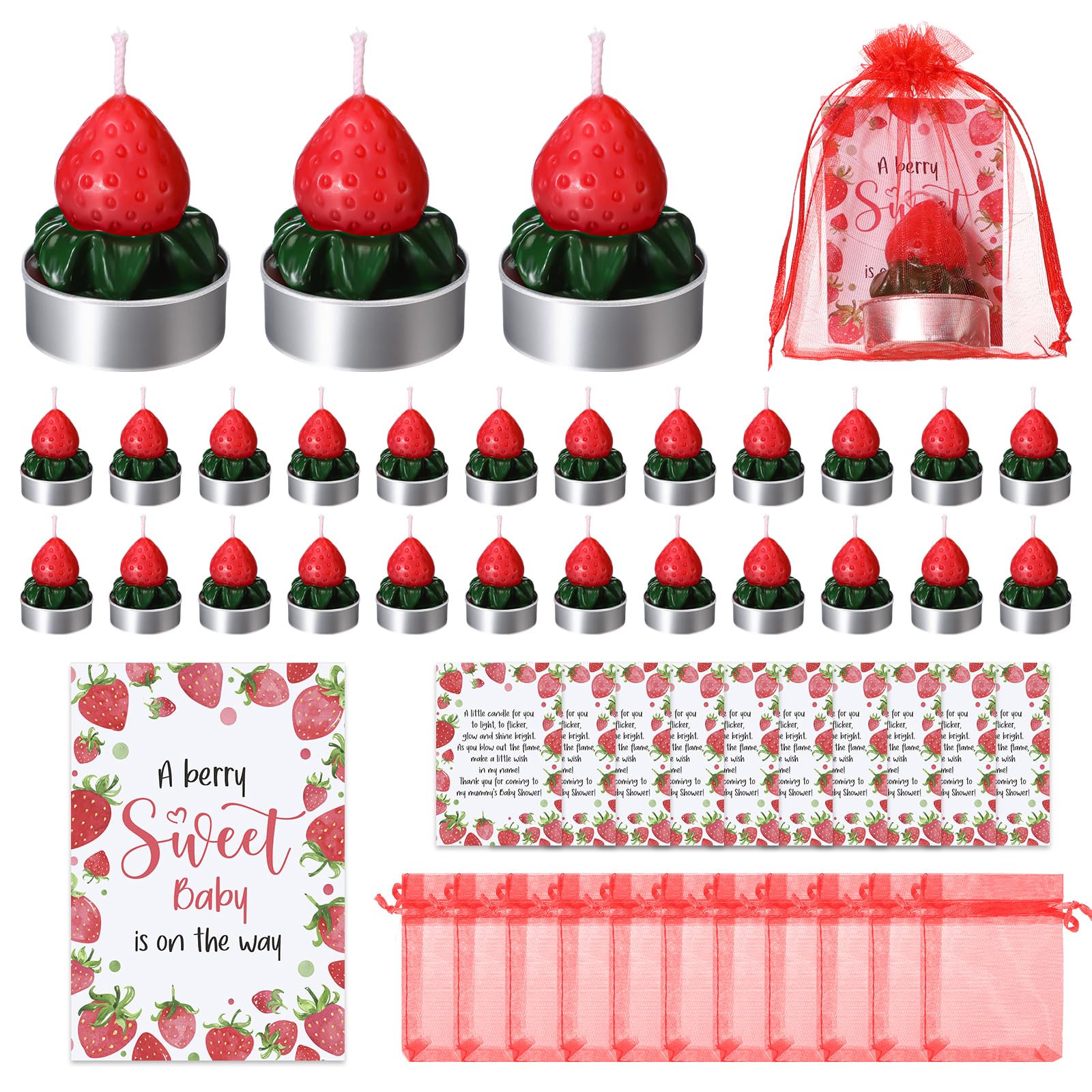 Mtlee 50 Sets Little Cute Baby Shower Candles Favors for Guests 50 Cutie Baby Candles a Little Cutie is on The Way Shower Card and Bags for Gender Reveal Gifts(Strawberry)