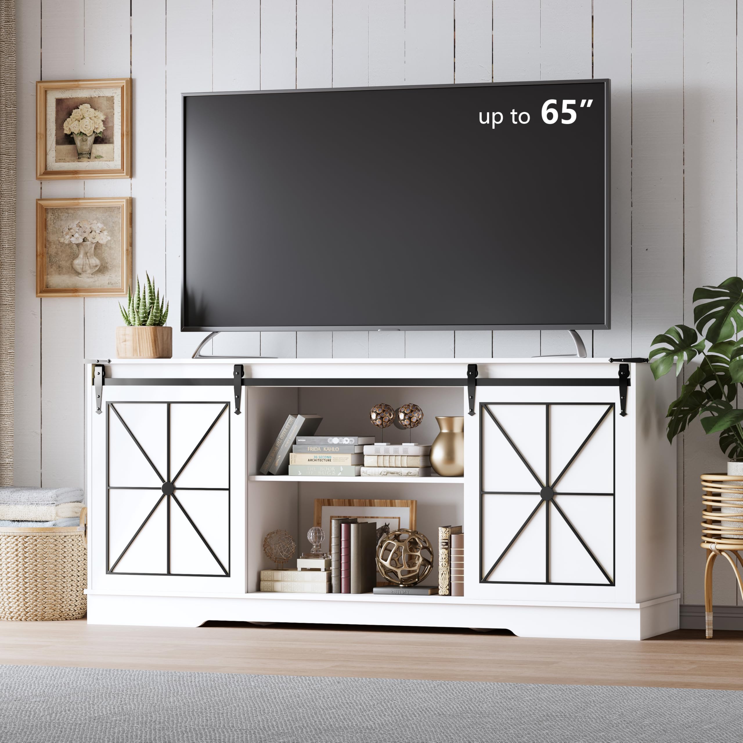Farmhouse TV Stand for 65/60/55 Inch Tvs, Modern Entertainment Center with Storage Cabinets & Sliding Barn Doors, Rustic Media Console Table, Wood Television Furniture for Living Room, Bedroom, White