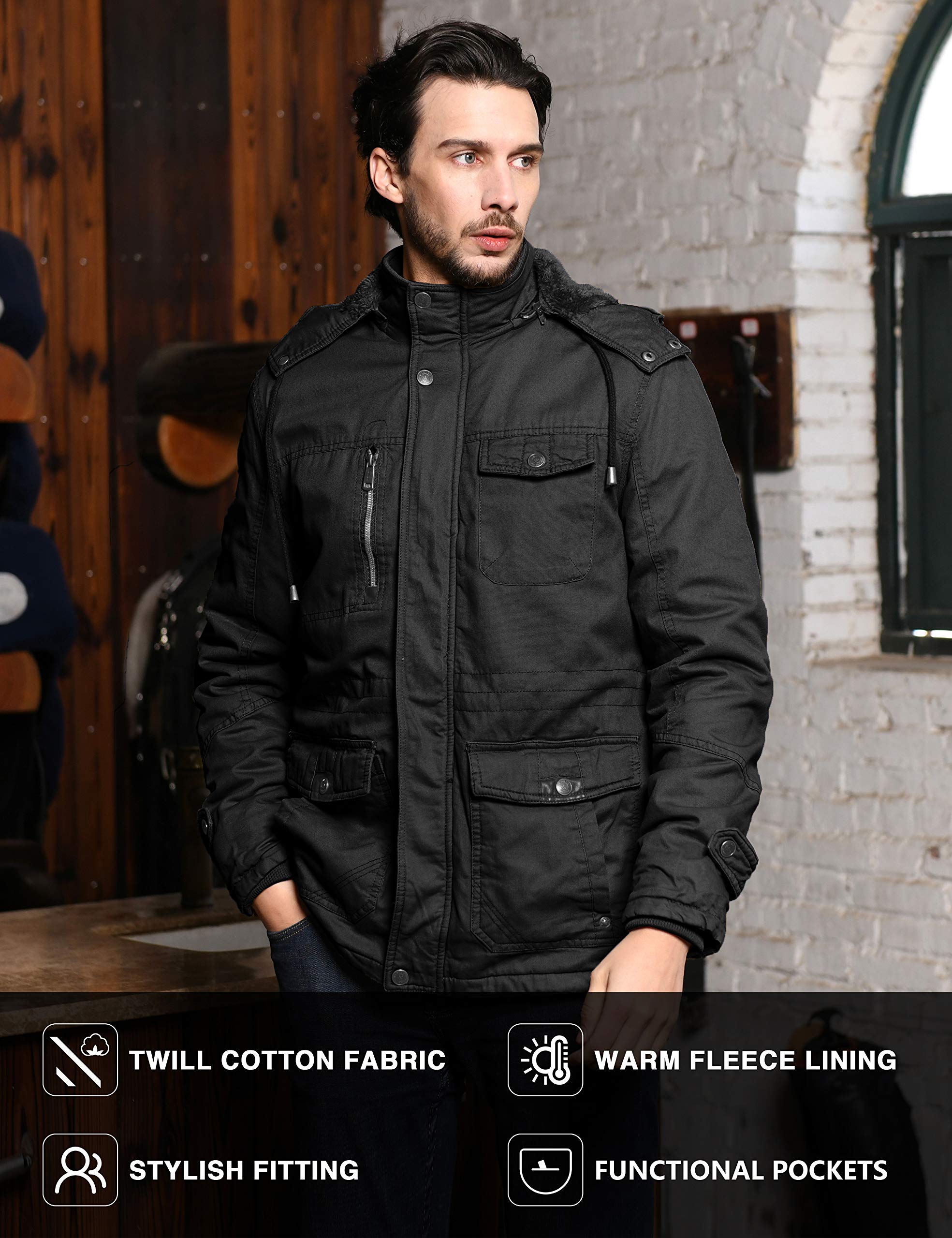 WenVen Giacca Militare Calda Invernale Cappotto con Cappuccio Staccabile a Vento Parka da Esterno Media Lunga Giubbotto Imbottito in Cotone Uomo