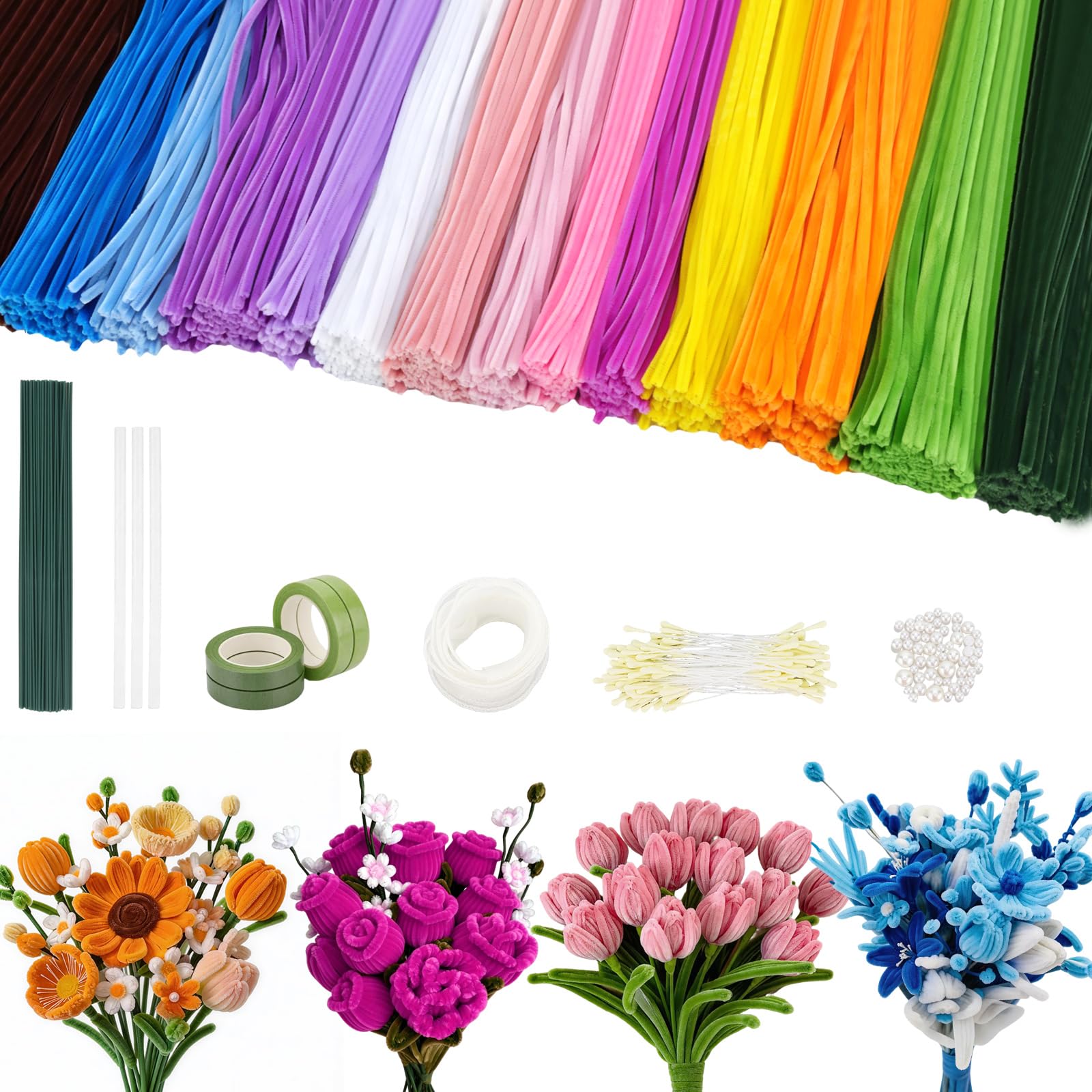 1000 Pcs Colorful Pipe Cleaner Flower kit, 30cm Crafting Pipe Cleaners