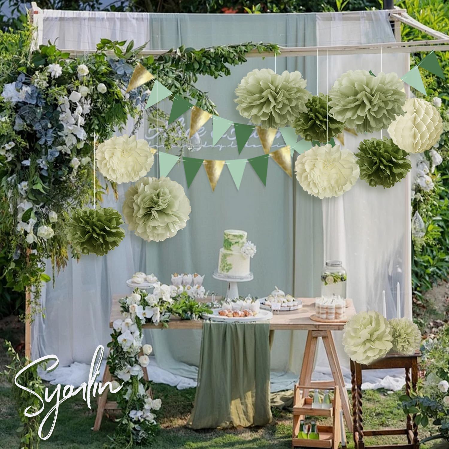 15-teiliges Party-Deko-Set In Salbeigrün & Gold – Papierlaternen & Pompons Zum Aufhängen | Für Hochzeit, Geburtstag & Mehr