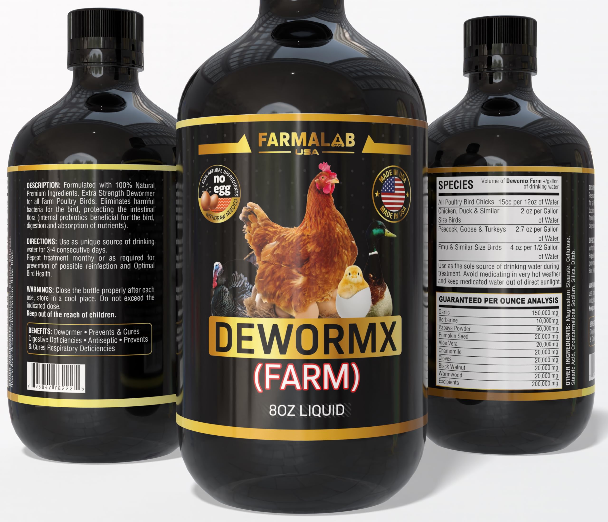 Farmalab Natural Dewormer No Withdraw Hens, Ducks, Roosters, Turkeys, Goose, Parakeets, Cockatiels, Lovebirds, Finches, Quakers, Pigeons, Palomas, Buchones, All Baby Chicks (8oz, Poultry Farm)