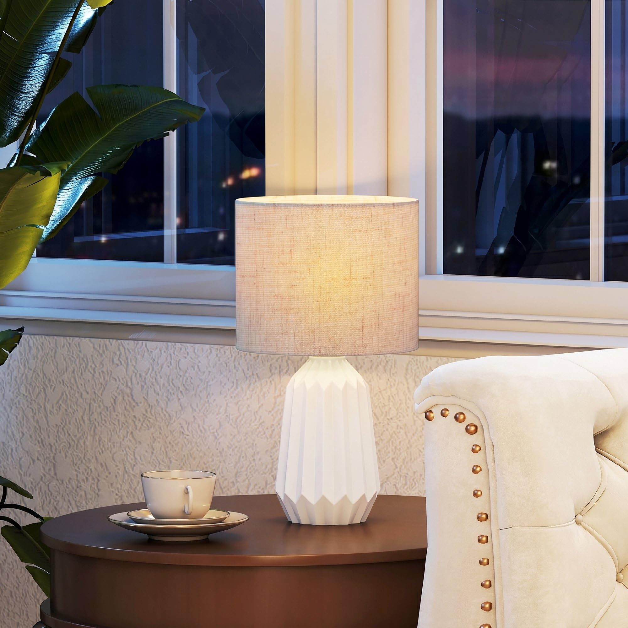 HOMCOM Lampe de Table avec Base en Céramique, Culot E27, Blanc et Beige